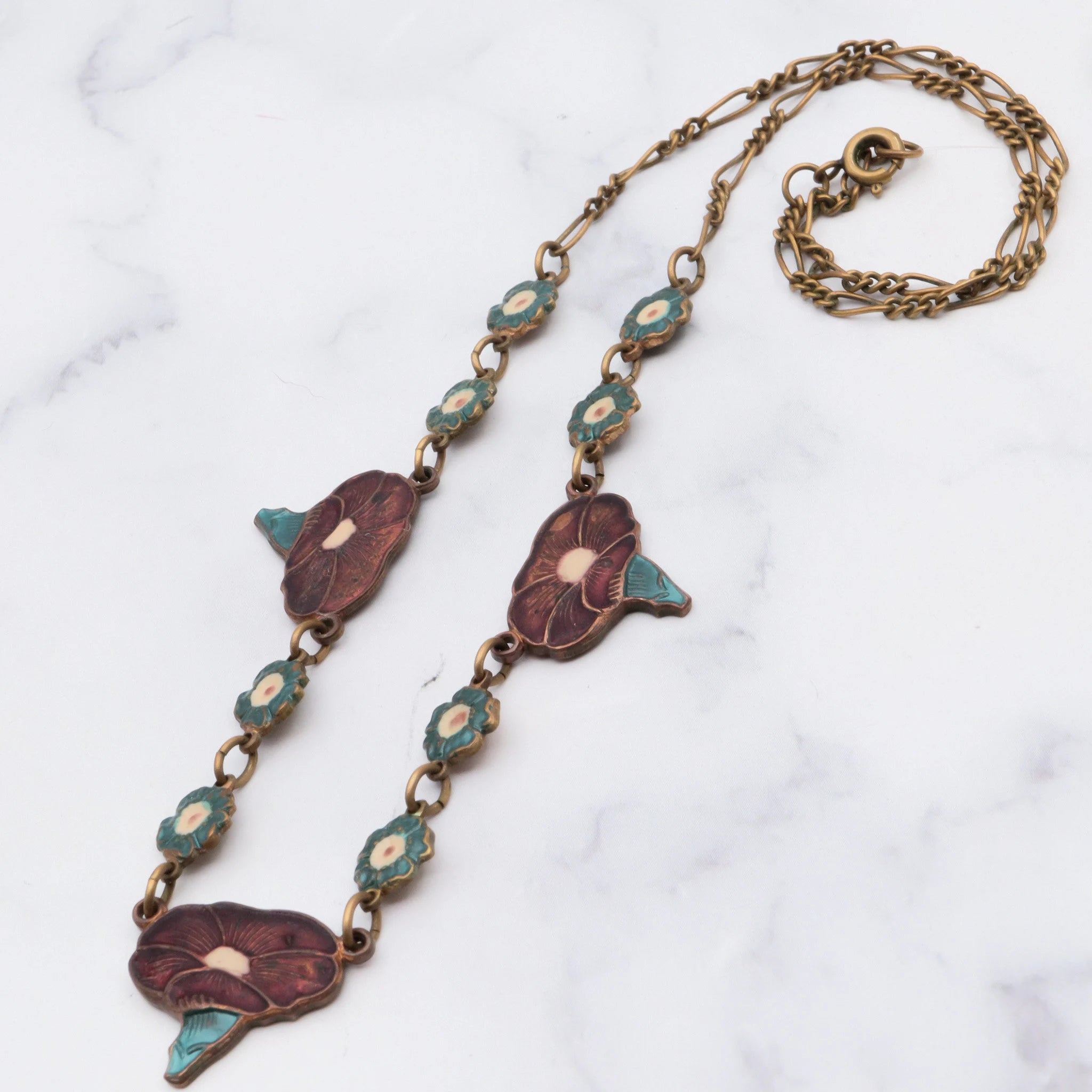 Antique Art Nouveau enamel on copper and brass floral necklace, 16.5"