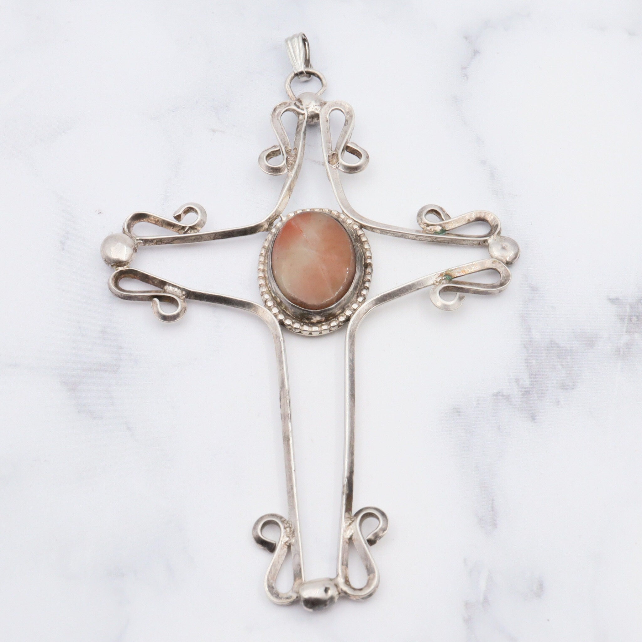 Antique handmade sterling silver & agate cross pendant