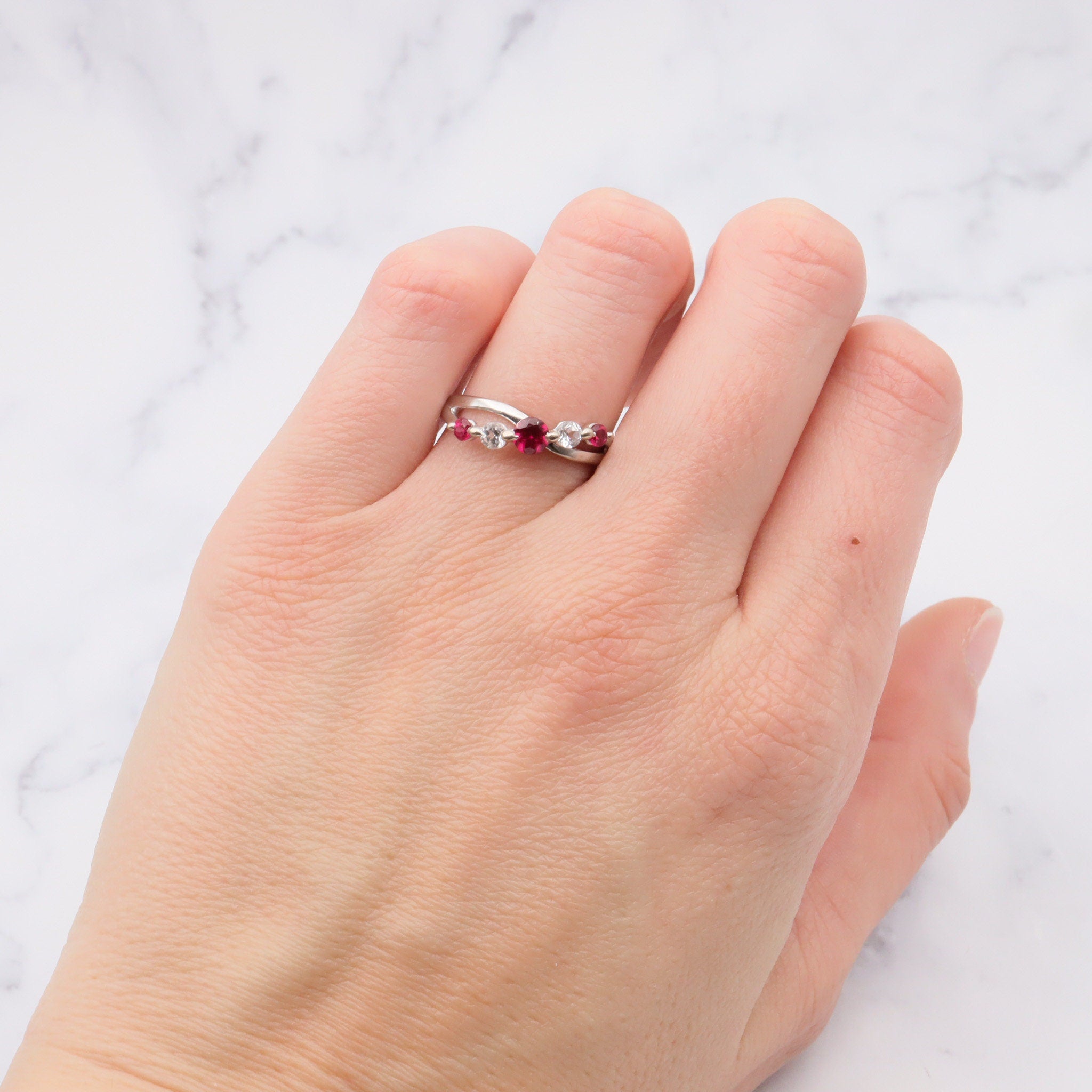 Vintage 10k white gold simulated ruby and cubic zirconia ring, size 6.5