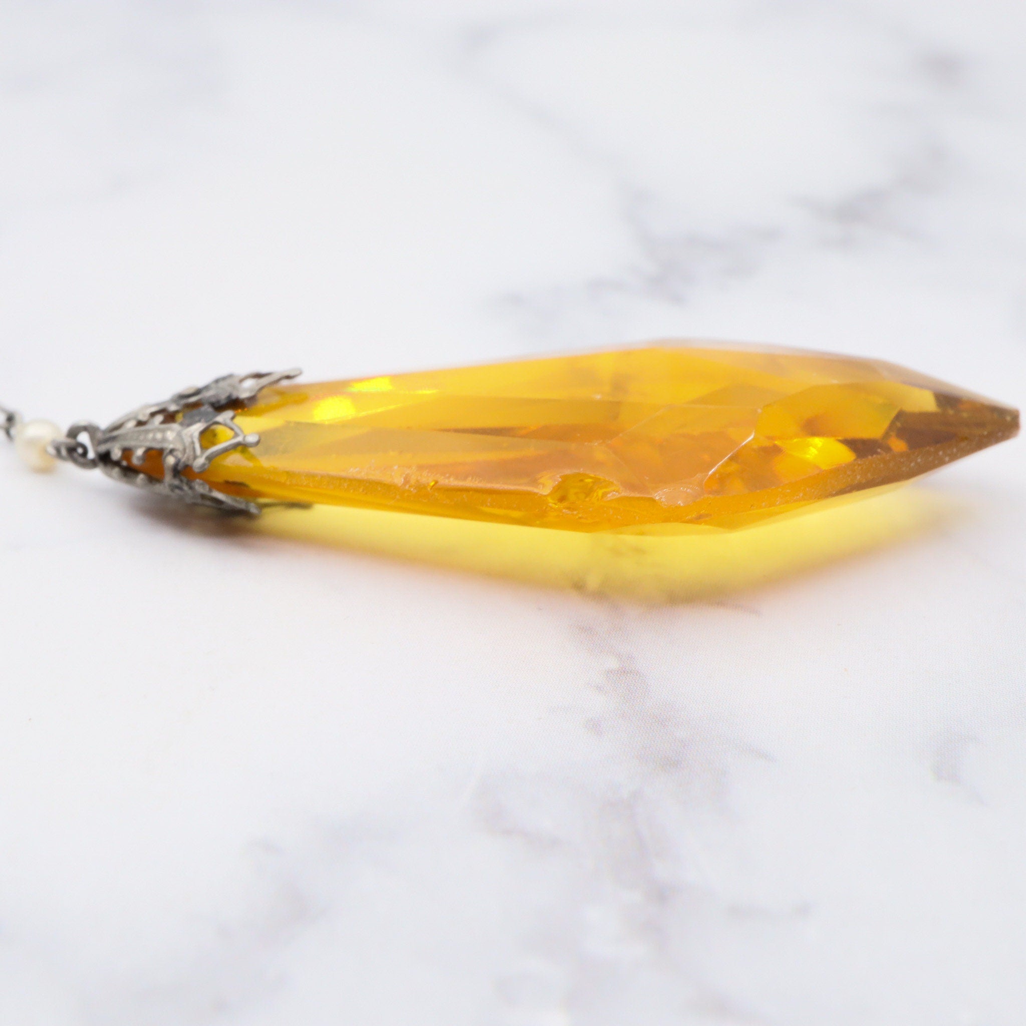 Antique German art deco sterling, amber glass & pearl necklace, 29"