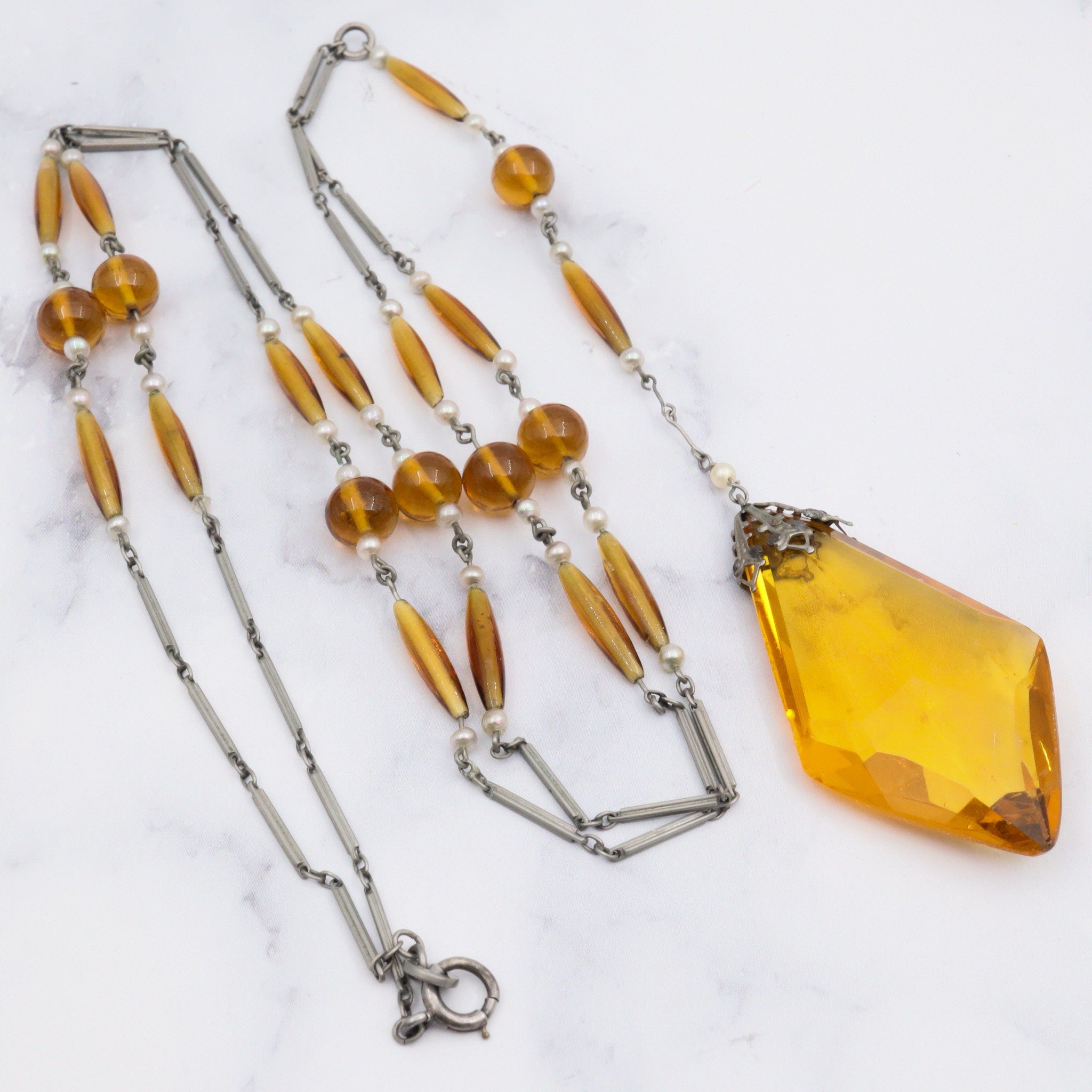 Antique German art deco sterling, amber glass & pearl necklace, 29"