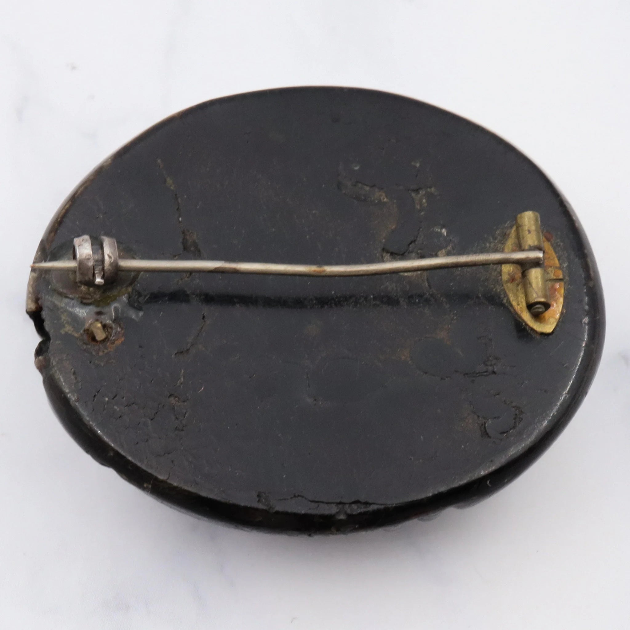 Antique Victorian vulcanite large mourning brooch with mother of pearl inlay