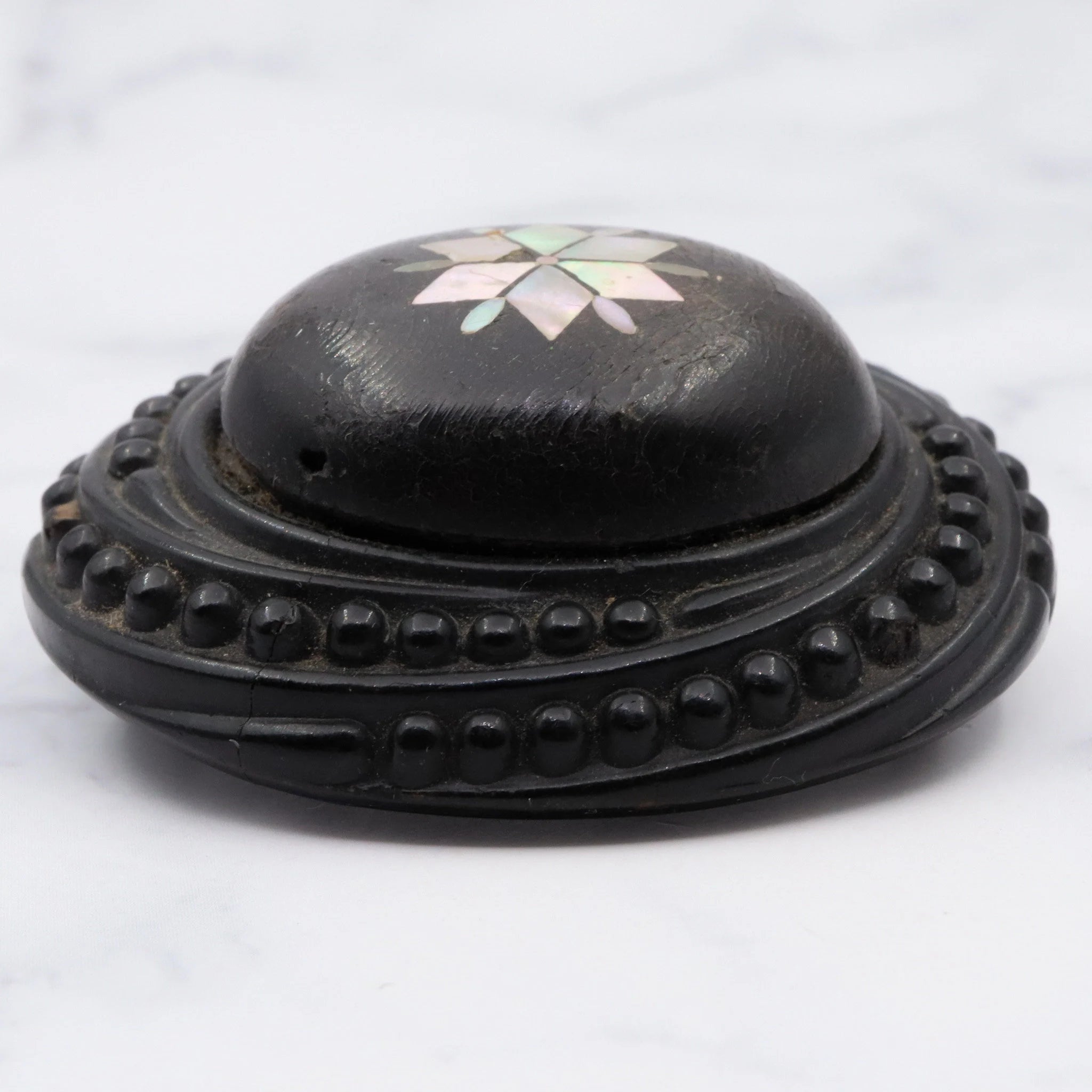 Antique Victorian vulcanite large mourning brooch with mother of pearl inlay