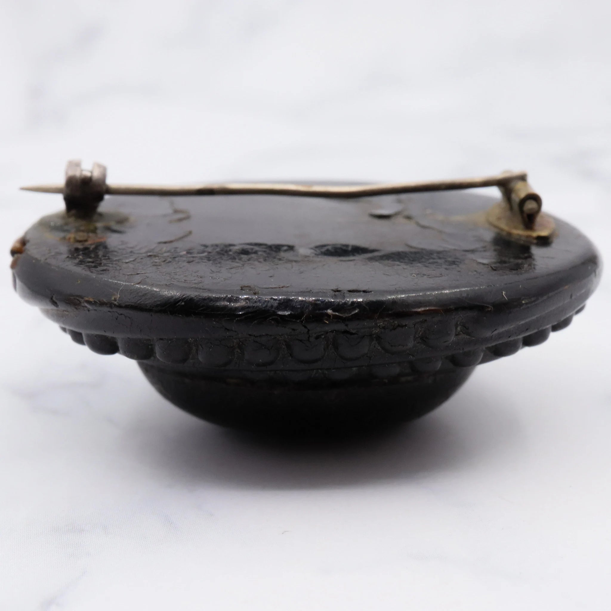 Antique Victorian vulcanite large mourning brooch with mother of pearl inlay