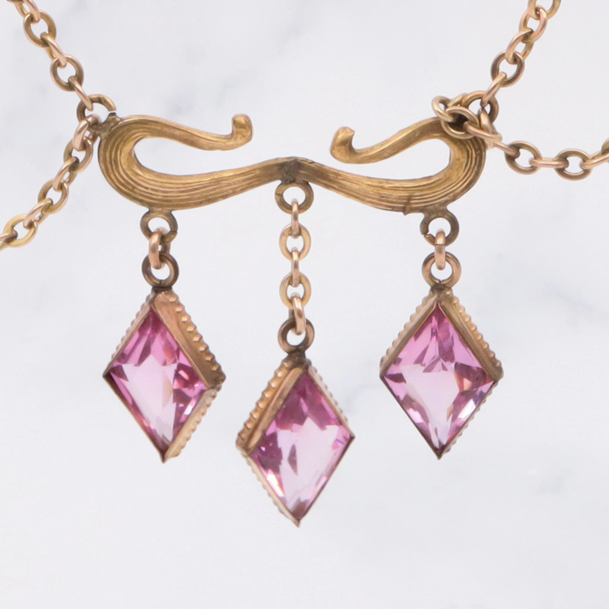 Antique Victorian gold filled pink tourmaline glass festoon necklace, 15.5