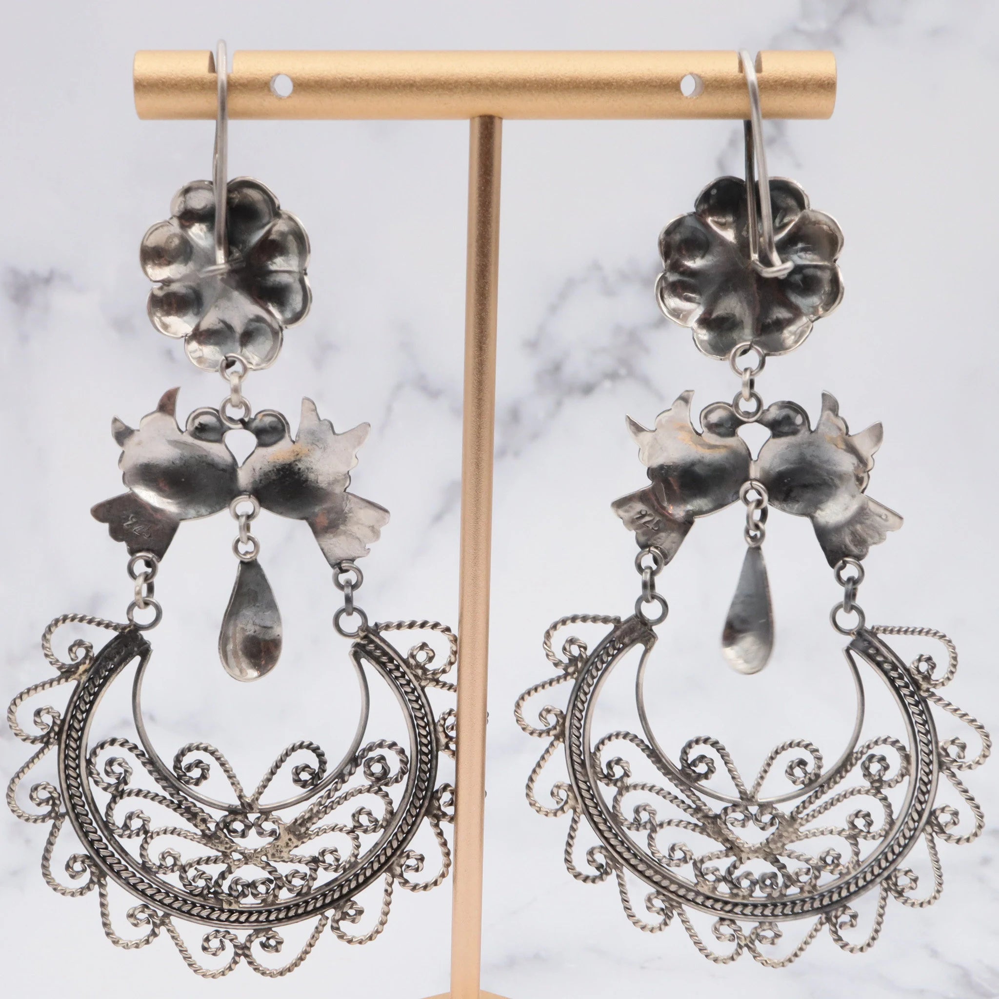 Large Navajo sterling silver chandelier earrings handmade love birds
