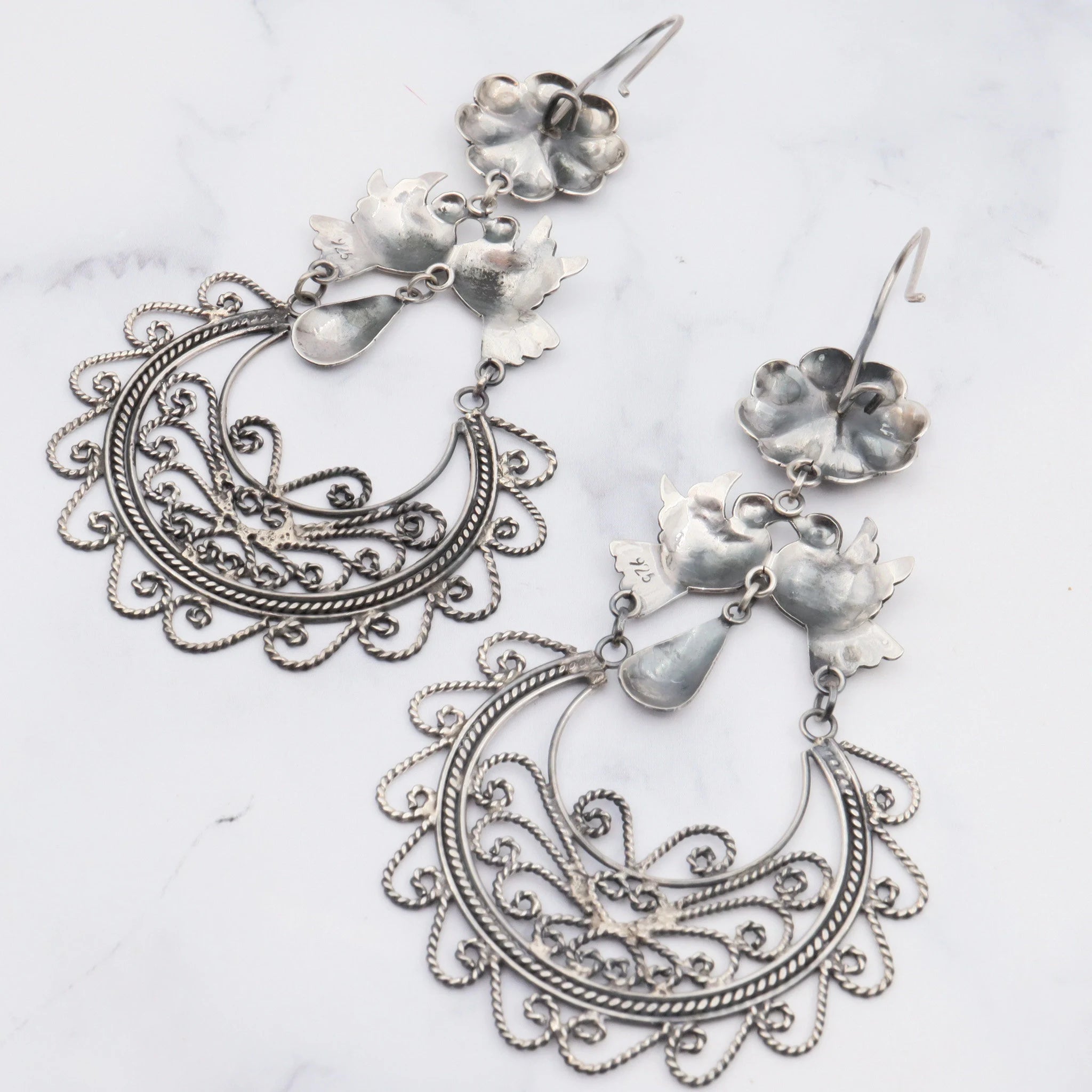 Large Navajo sterling silver chandelier earrings handmade love birds
