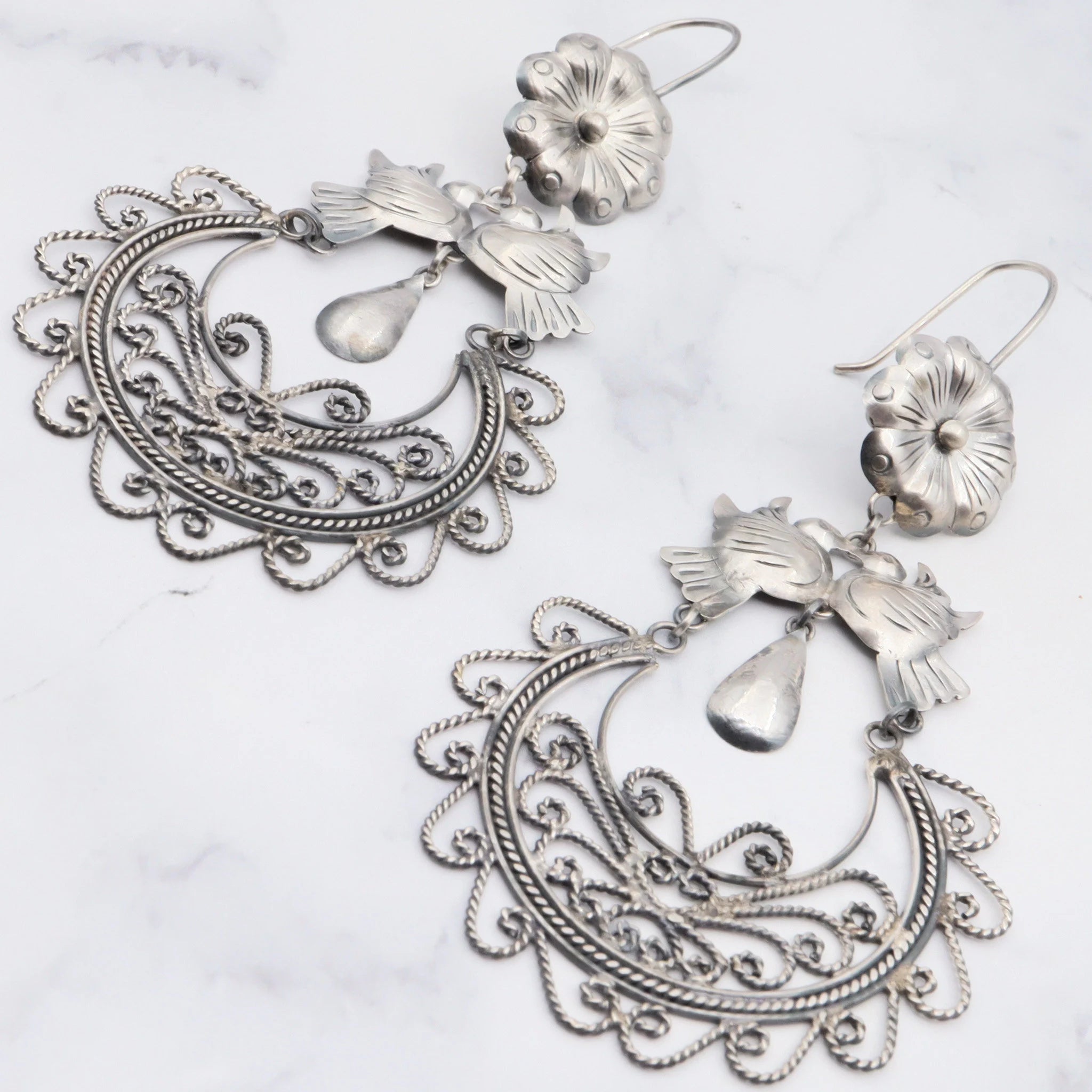 Large Navajo sterling silver chandelier earrings handmade love birds