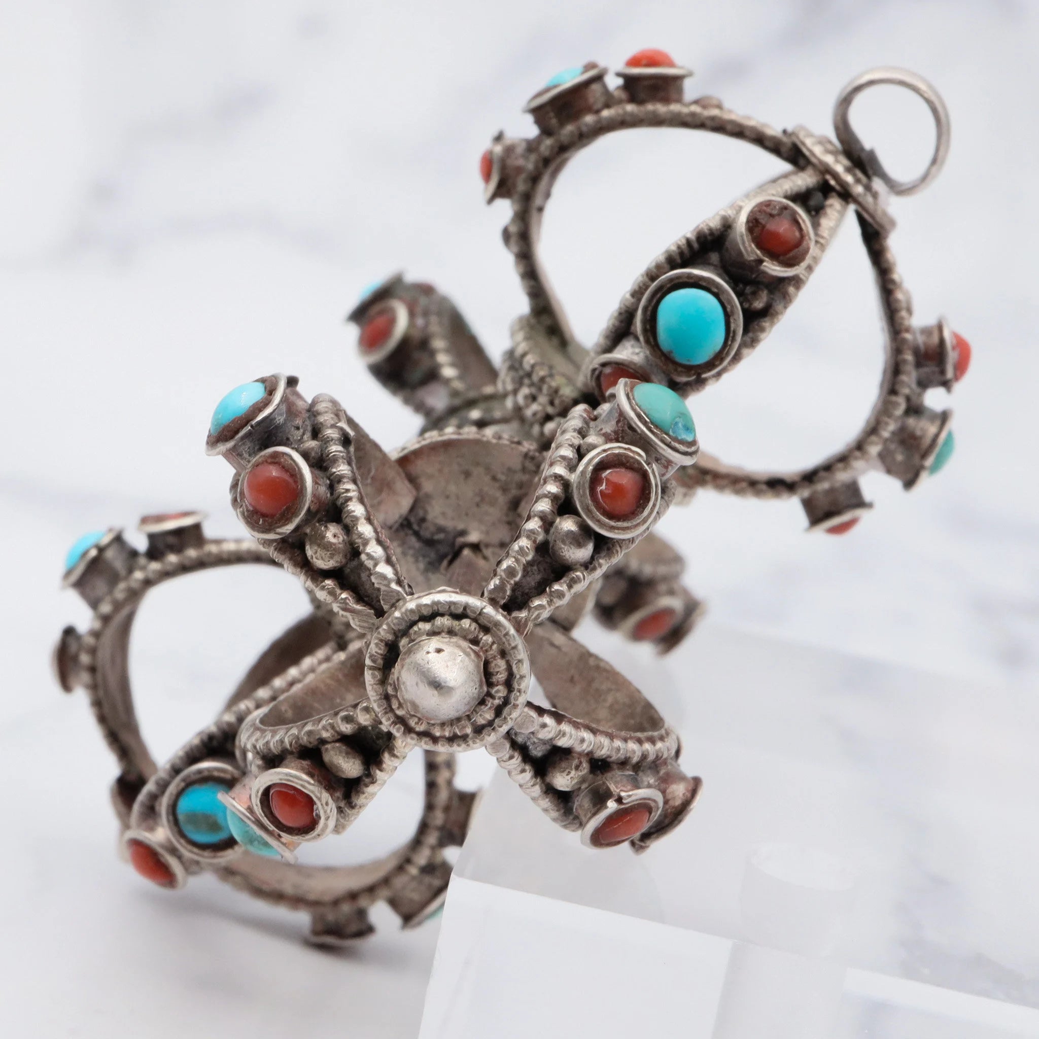 Antique tribal silver turquoise and coral extra large crown shaped pendant