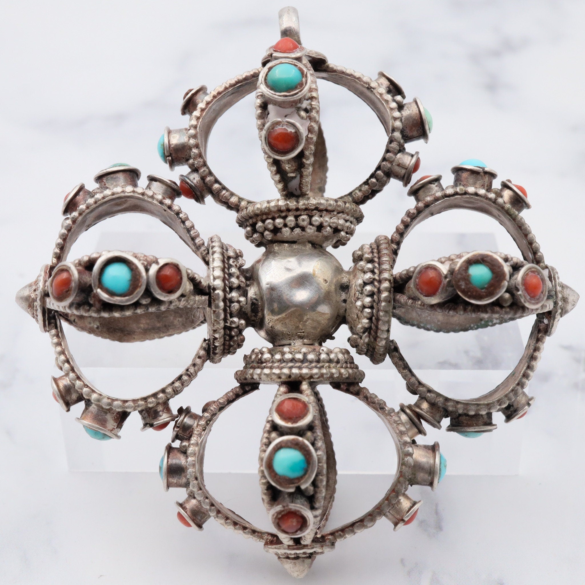 Antique tribal silver turquoise and coral extra large crown shaped pendant