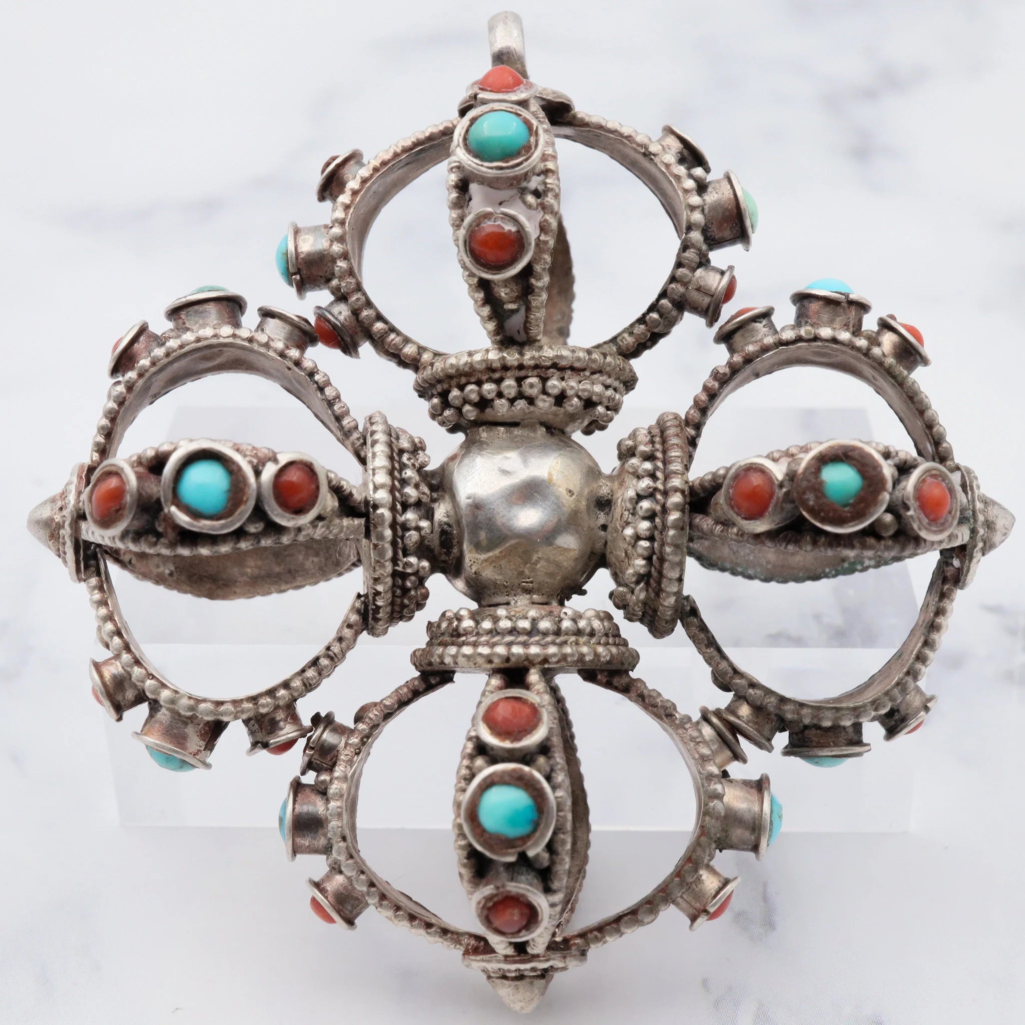 Antique tribal silver turquoise and coral extra large crown shaped pendant