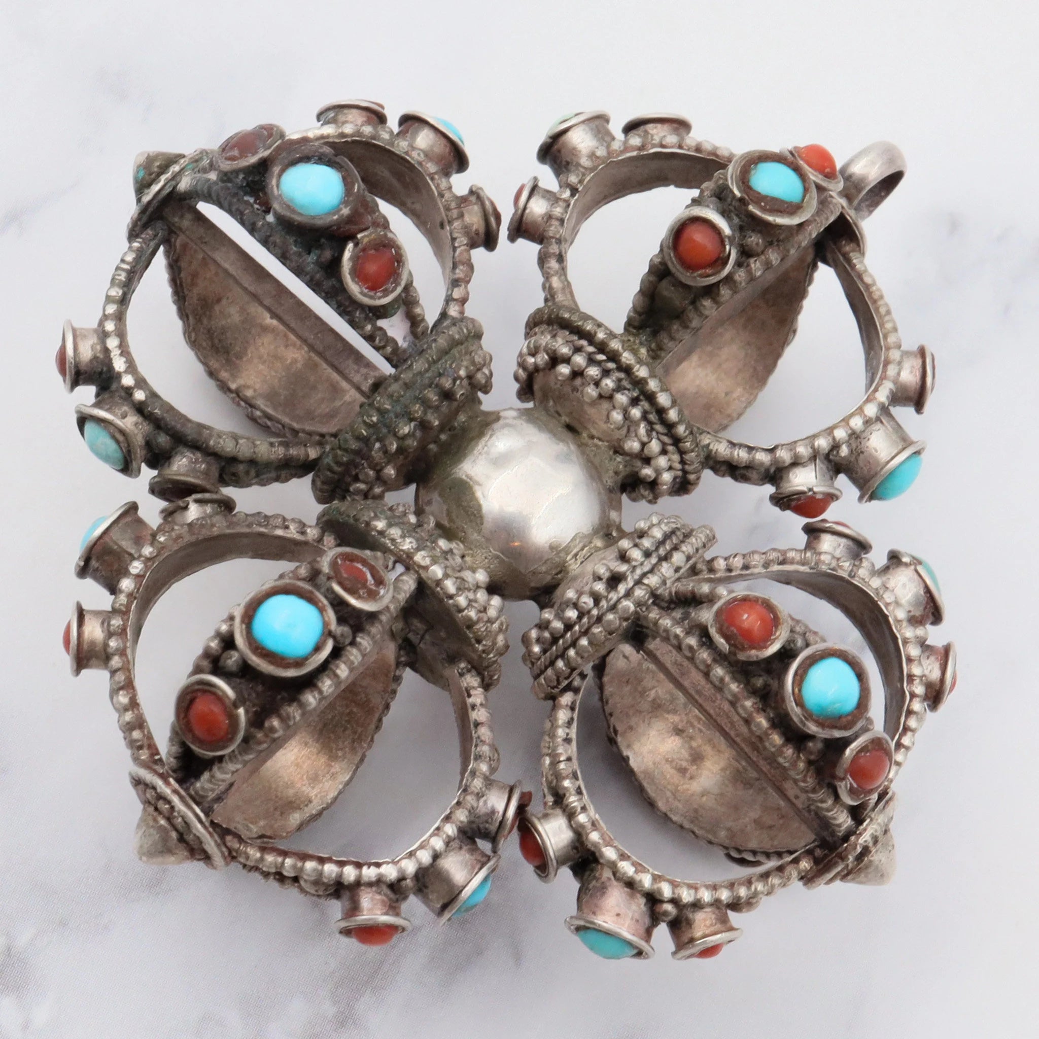 Antique tribal silver turquoise and coral extra large crown shaped pendant
