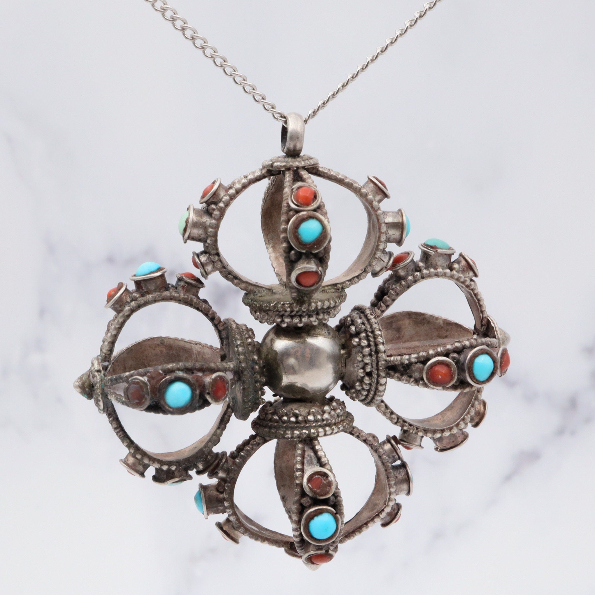 Antique tribal silver turquoise and coral extra large crown shaped pendant
