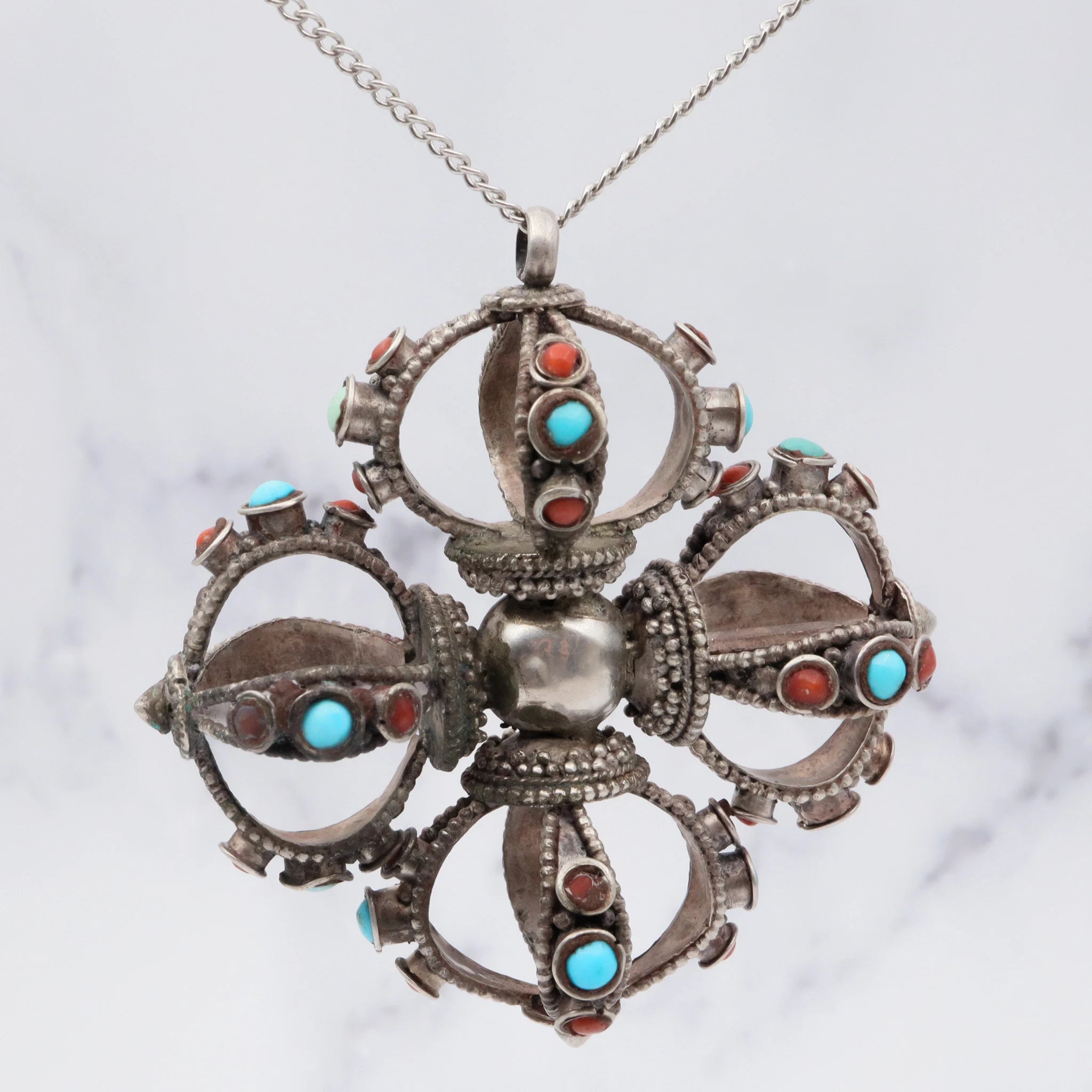 Antique tribal silver turquoise and coral extra large crown shaped pendant