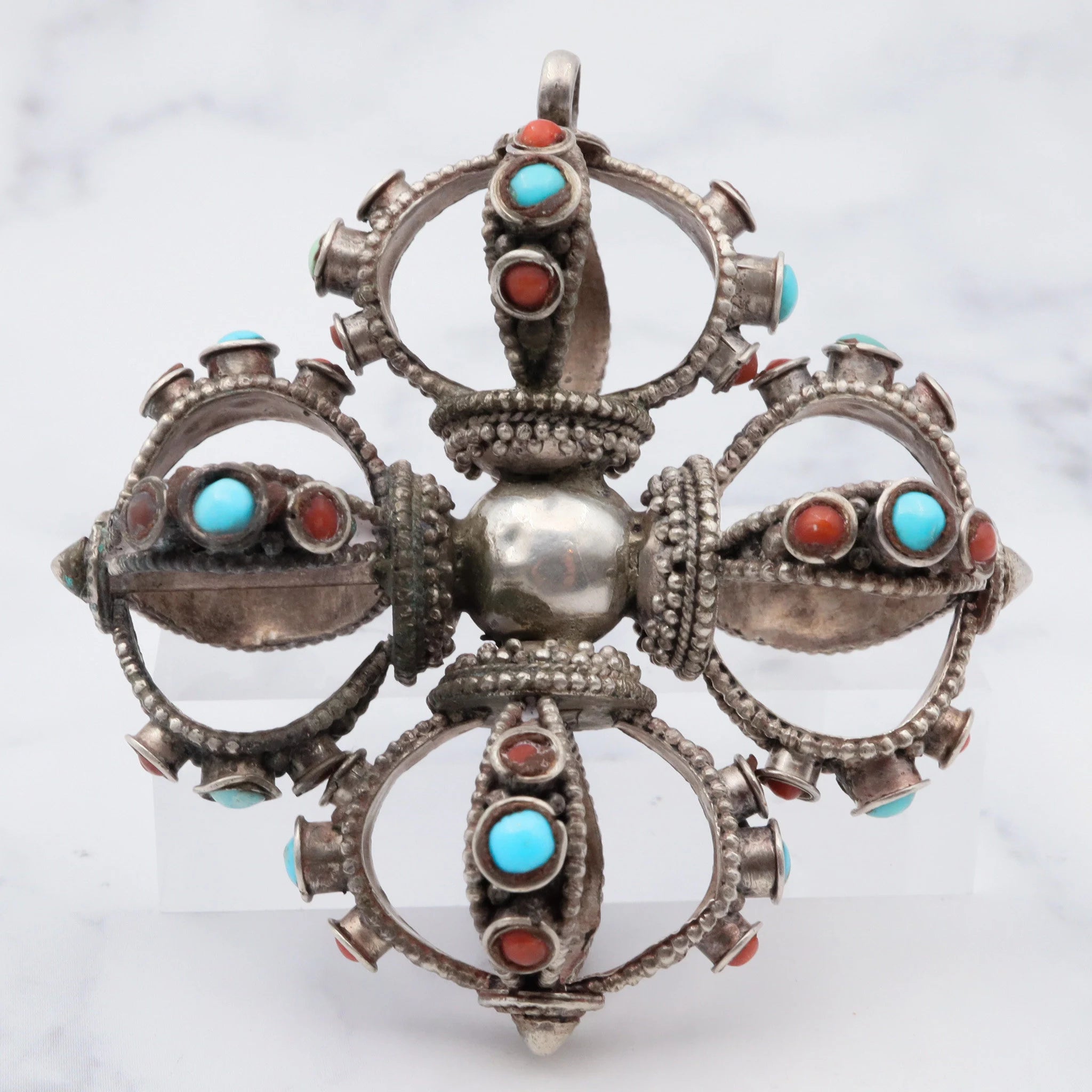 Antique tribal silver turquoise and coral extra large crown shaped pendant