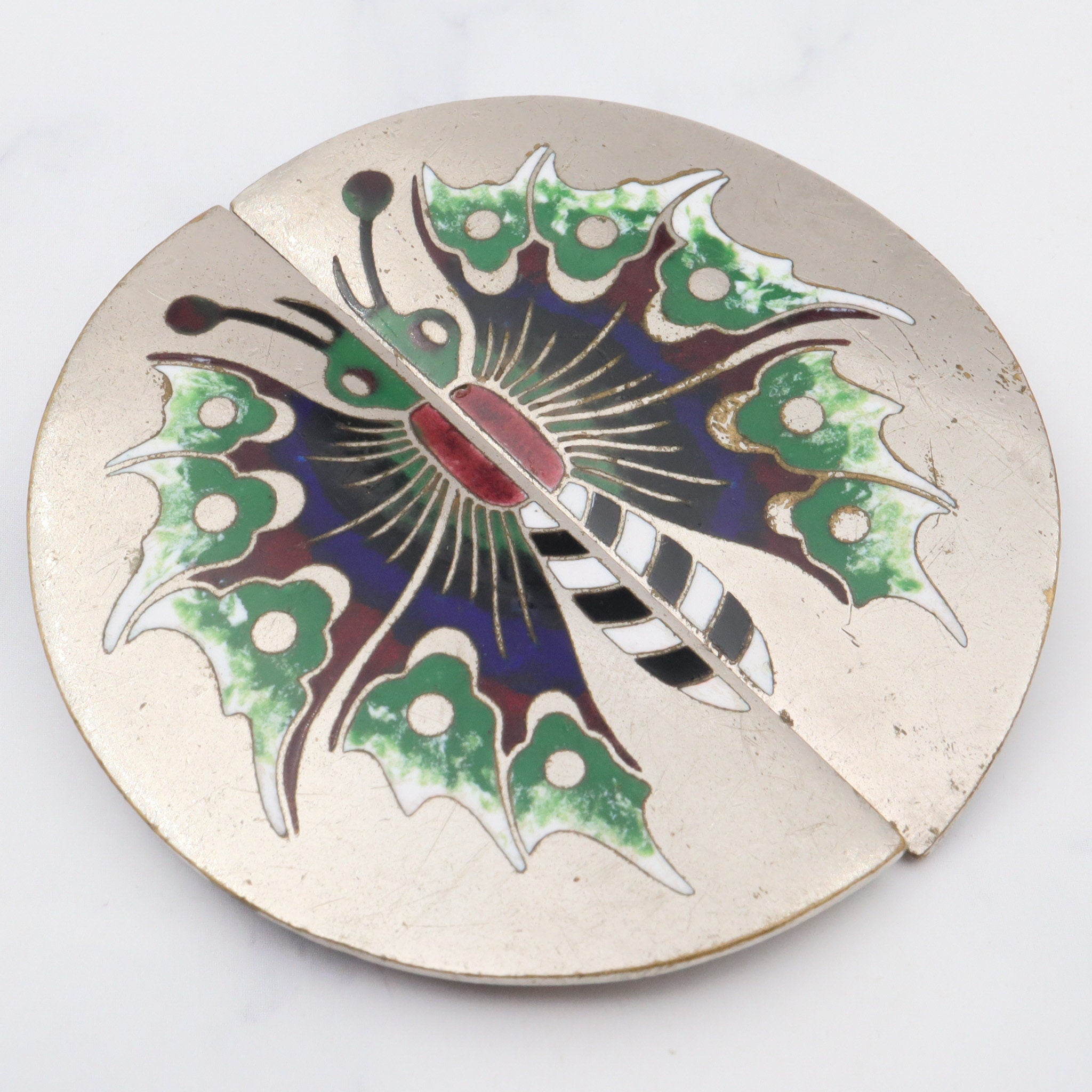 Large antique art nouveau silver plated enamel two-piece butterfly buckle