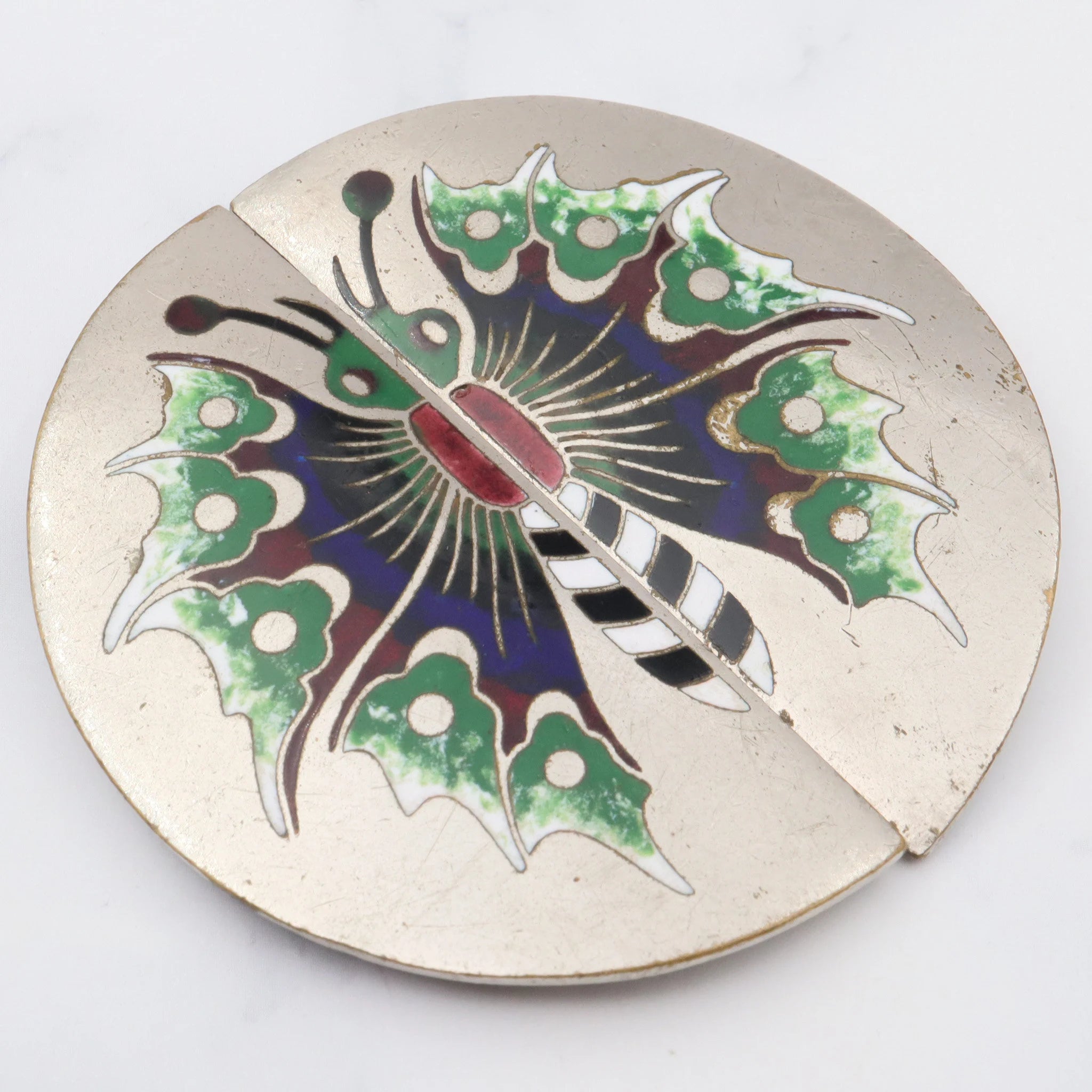 Art Nouveau silver plated enamel two-piece butterfly buckle