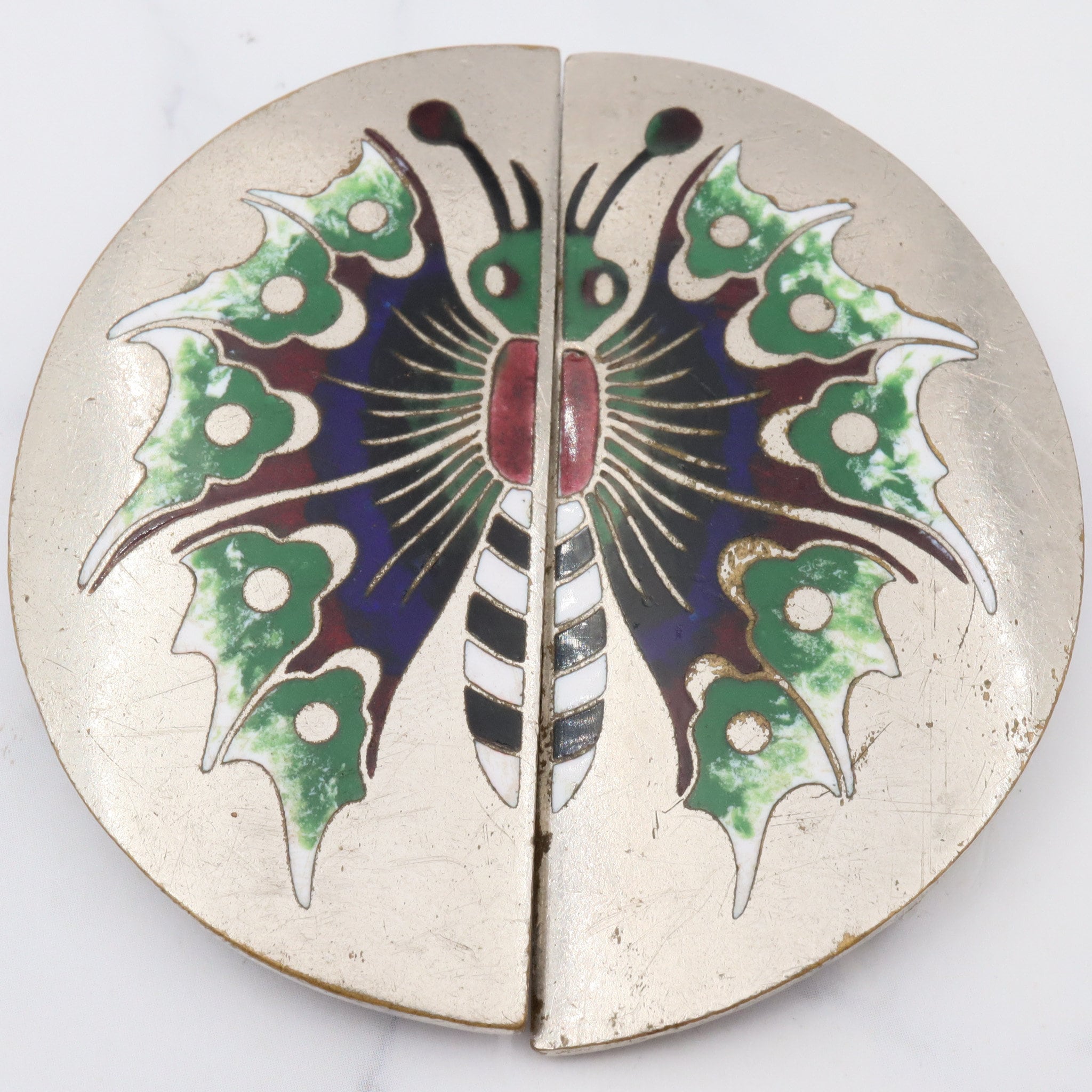Large antique art nouveau silver plated enamel two-piece butterfly buckle
