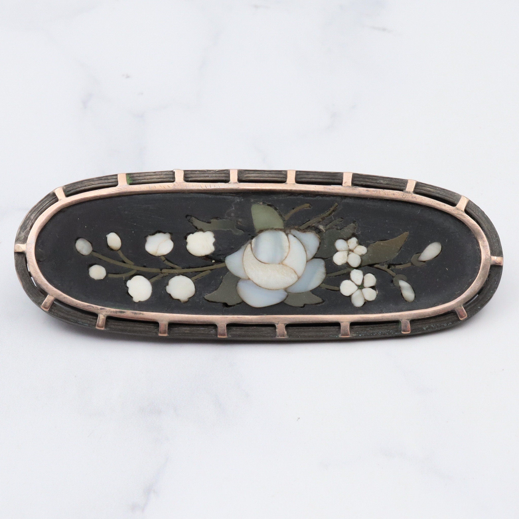 Antique victorian gold filled pietra dura oval flower brooch