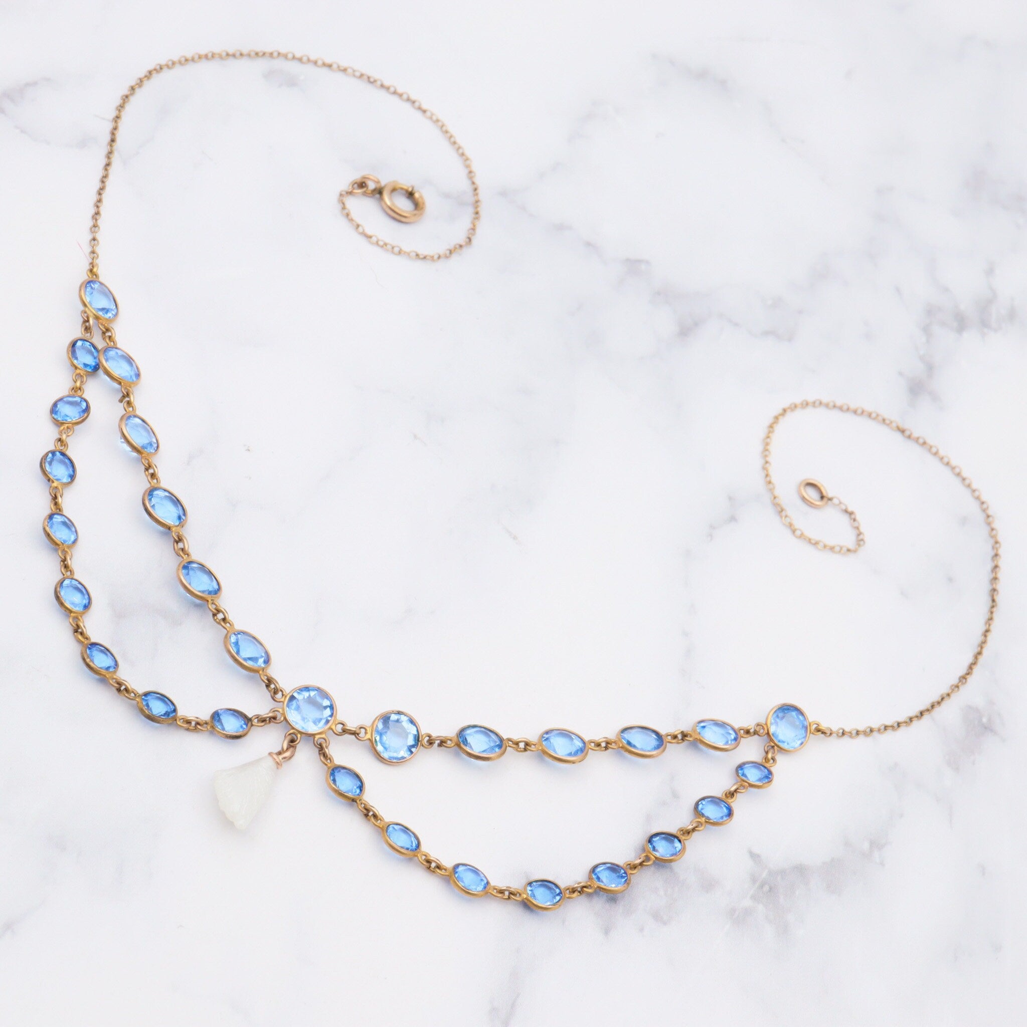 Antique gold filled blue pastel & dogtooth pearl festoon 16.5”