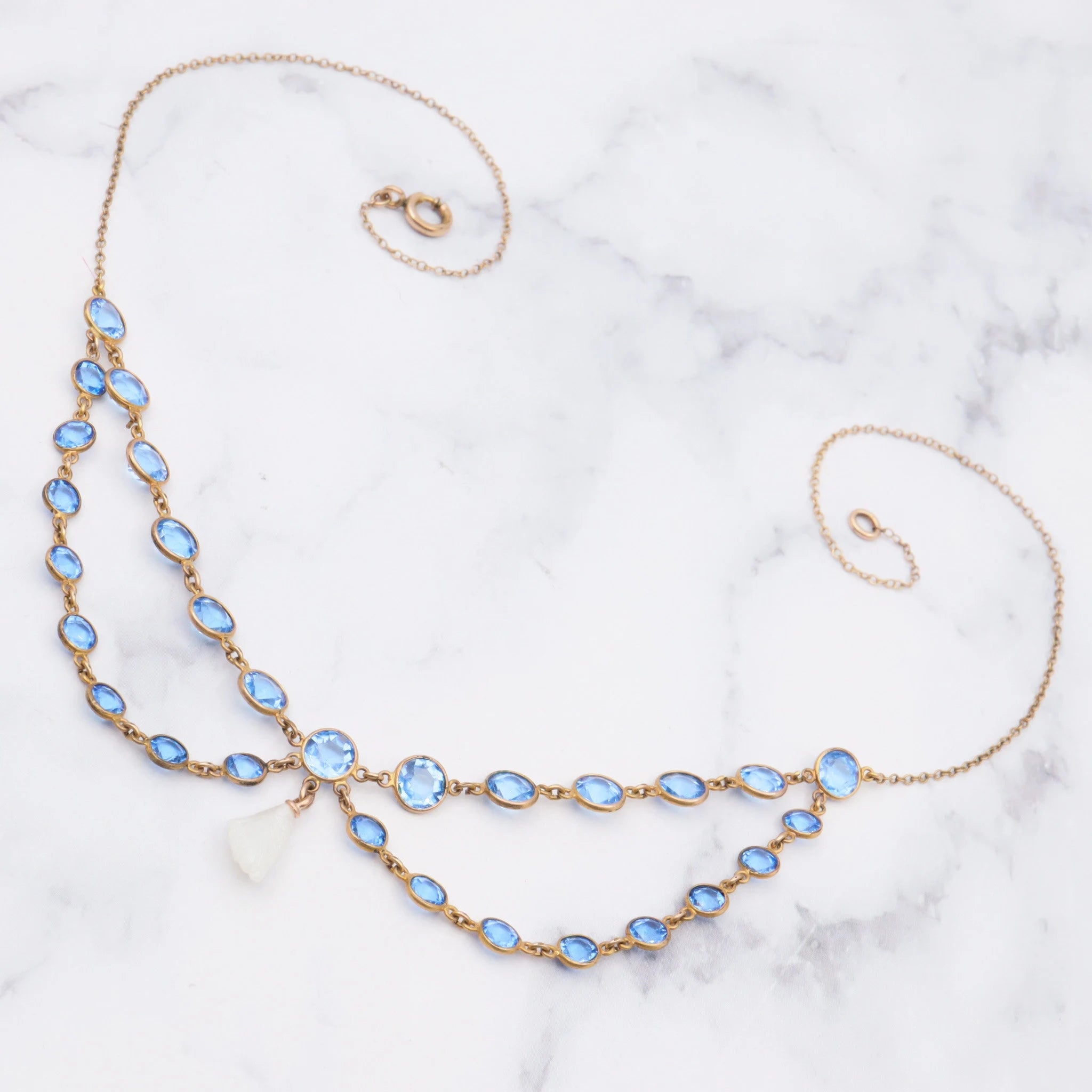 Antique Victorian gold filled blue paste & dogtooth pearl festoon necklace 16.5”