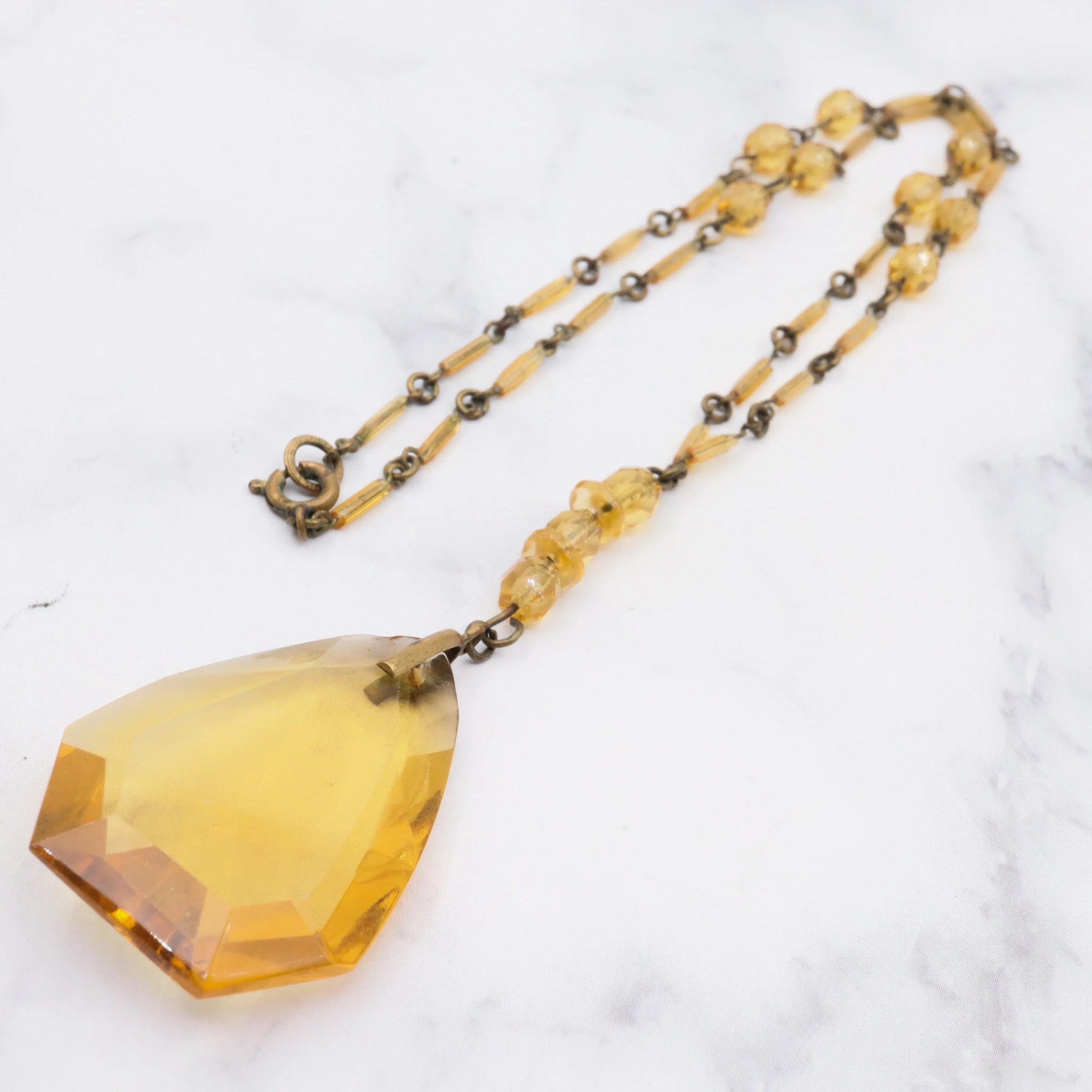 Antique deco Czech glass & brass drop pendant necklace