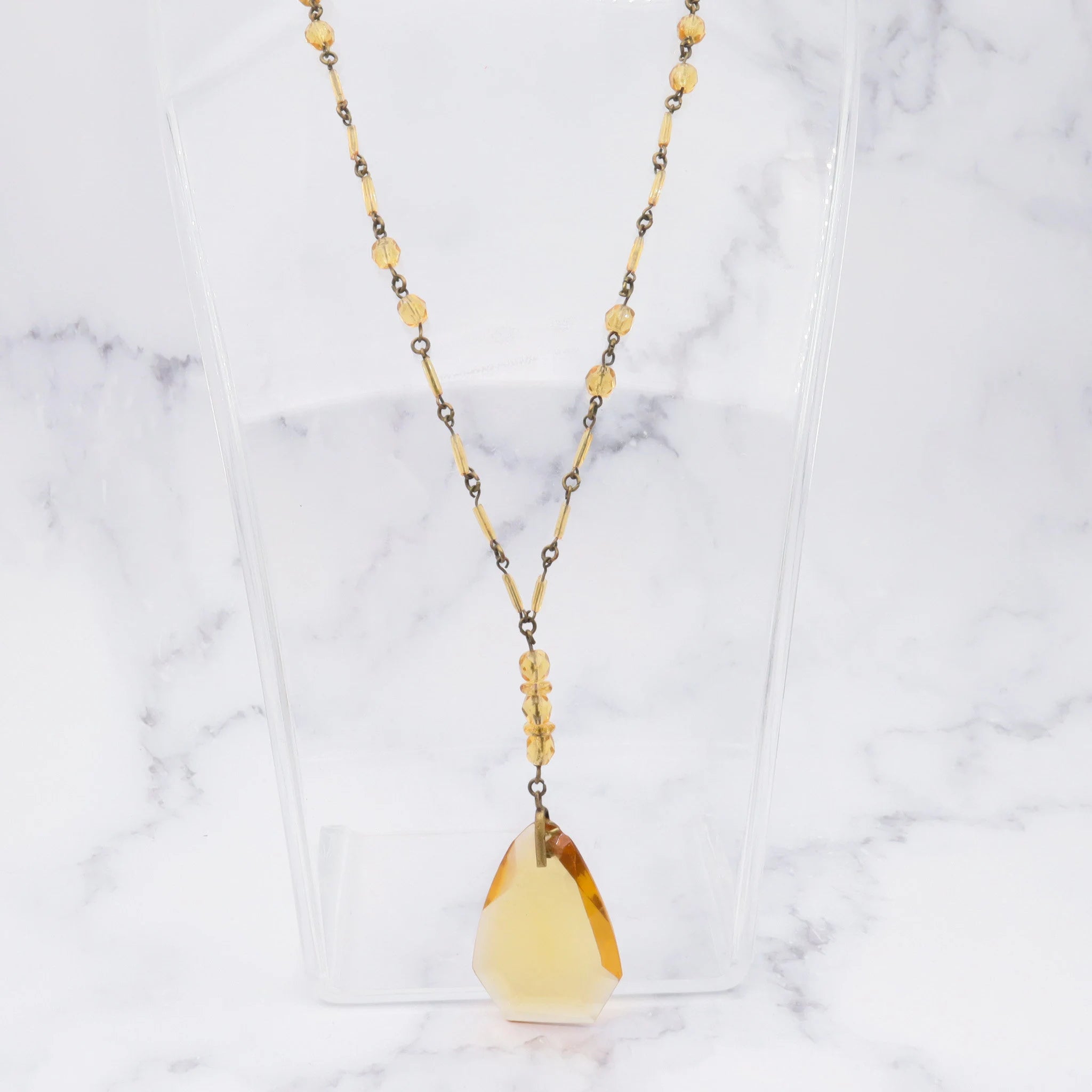 Antique deco Czech glass & brass drop pendant necklace