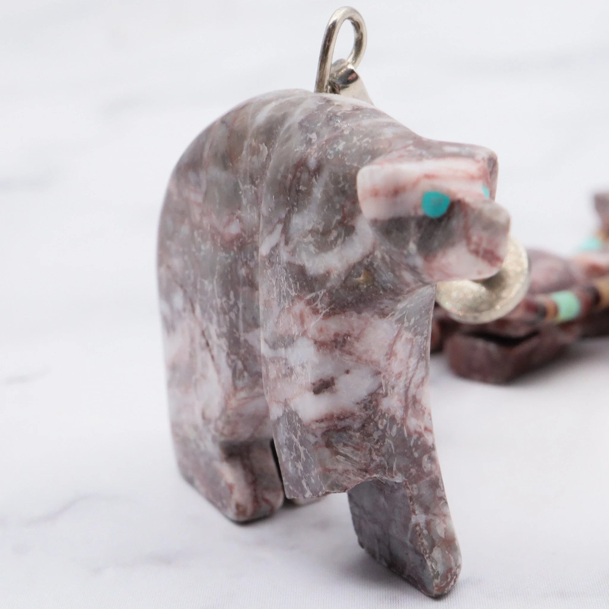 Native American carved rhodonite bear fetish necklace w/ heishi and turquoise beads, 32"