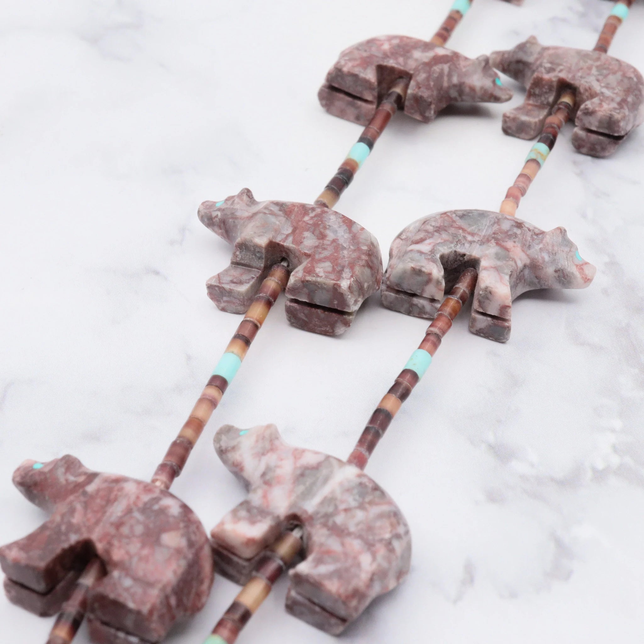 Native American carved rhodonite bear fetish necklace w/ heishi and turquoise beads, 32