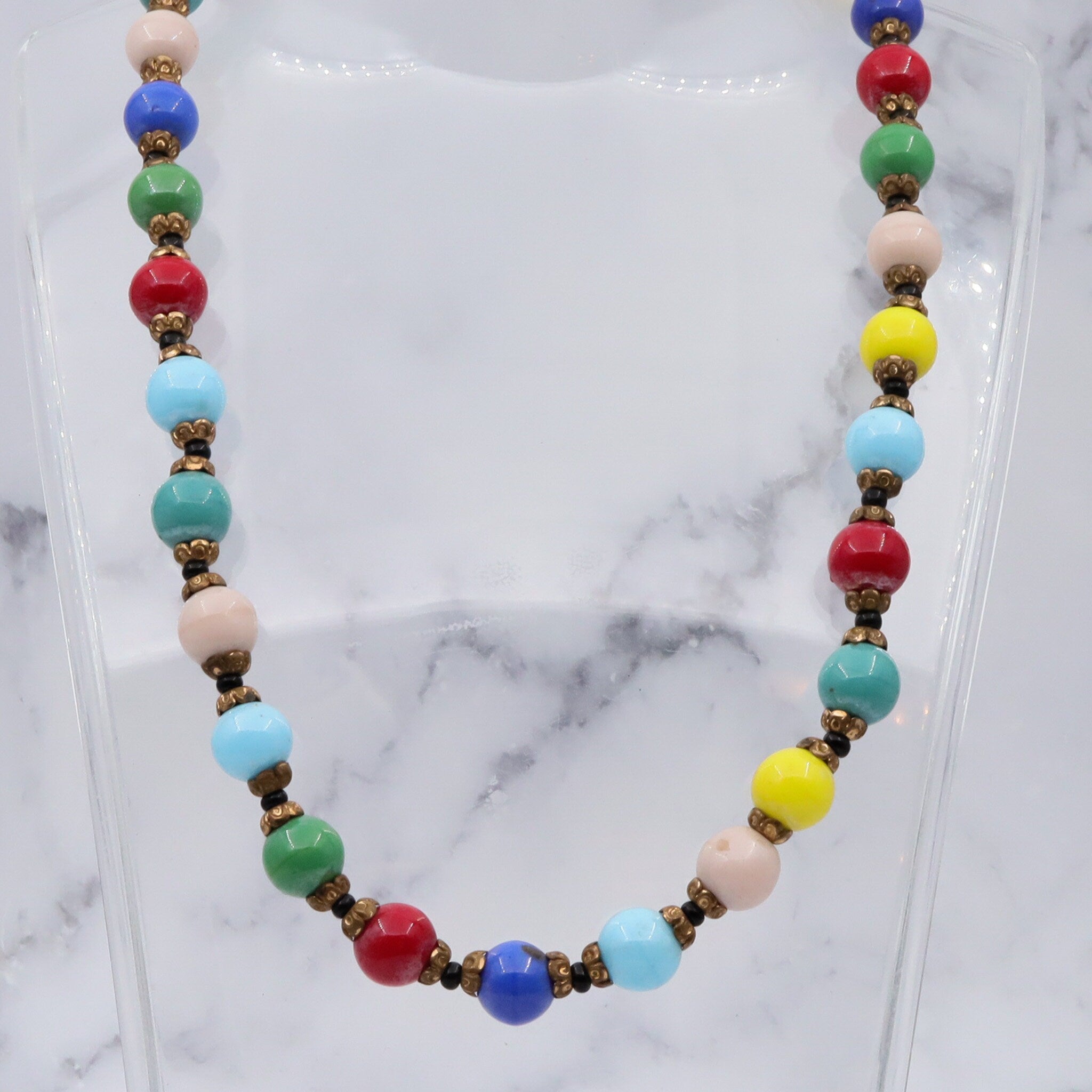 Antique rainbow glass beaded necklace with brass spacers, 16.5"