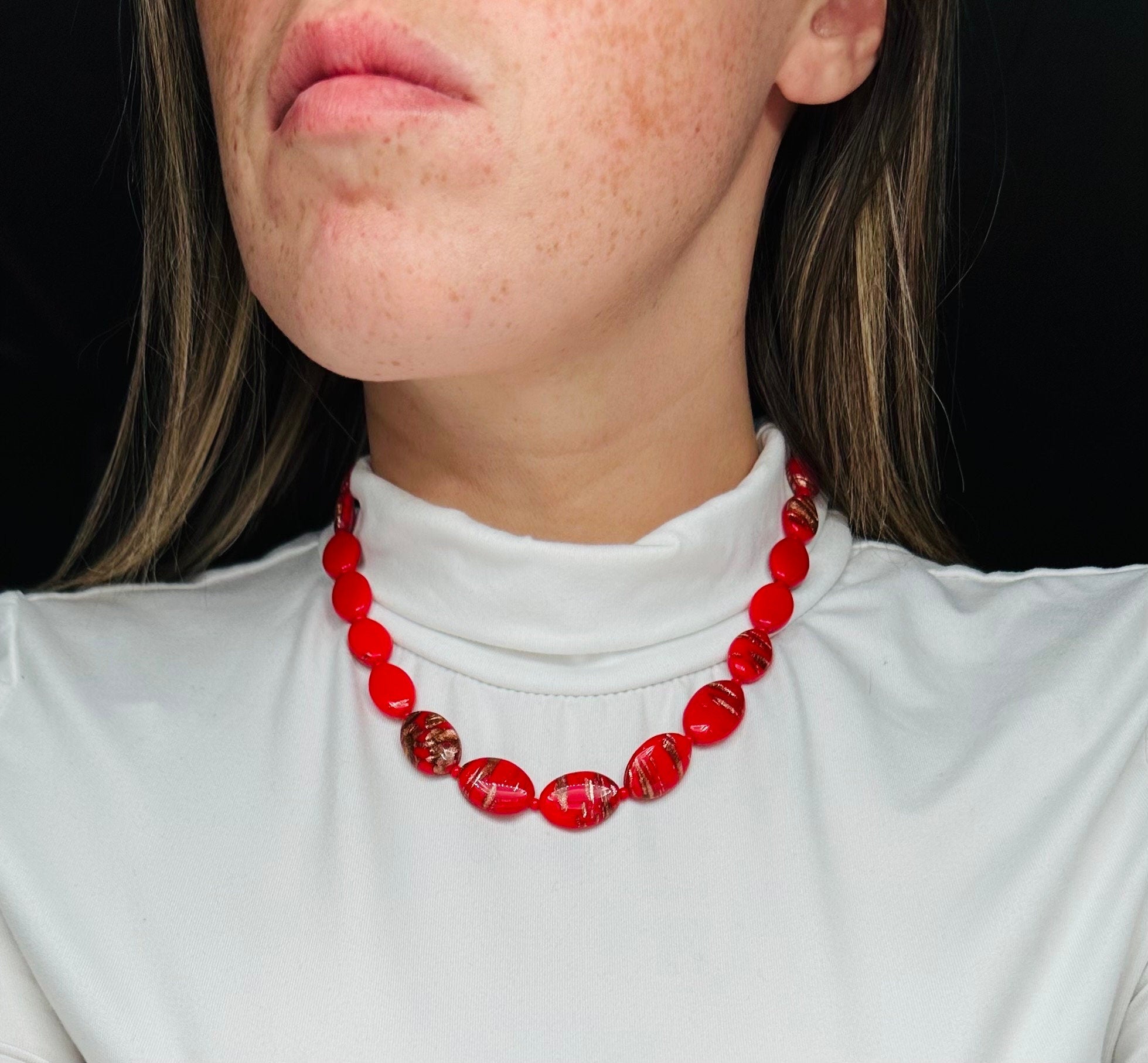 Antique handmade venetian Murano glass red with copper glitter necklace, 18”