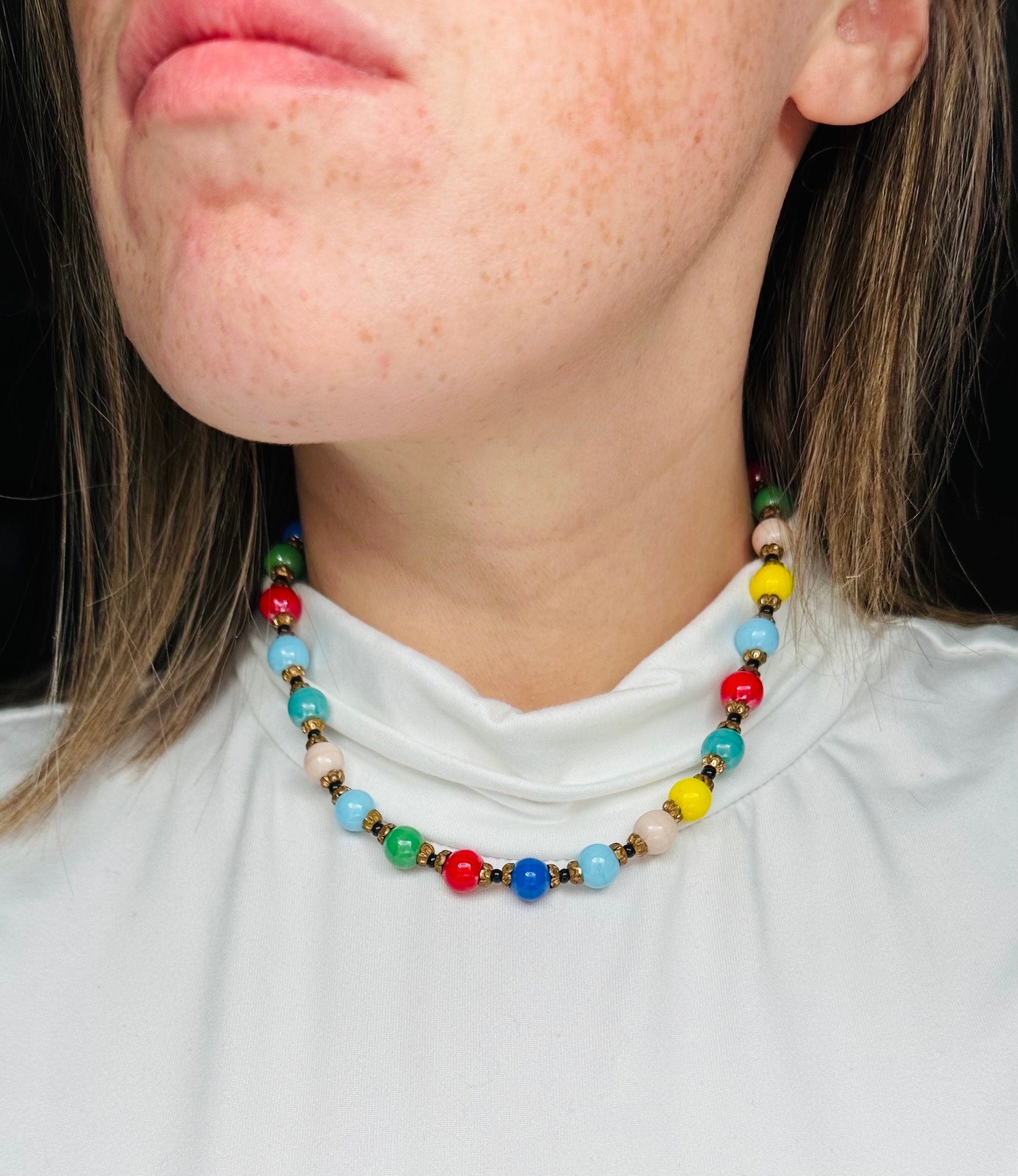 Antique rainbow glass beaded necklace with brass spacers, 16.5"