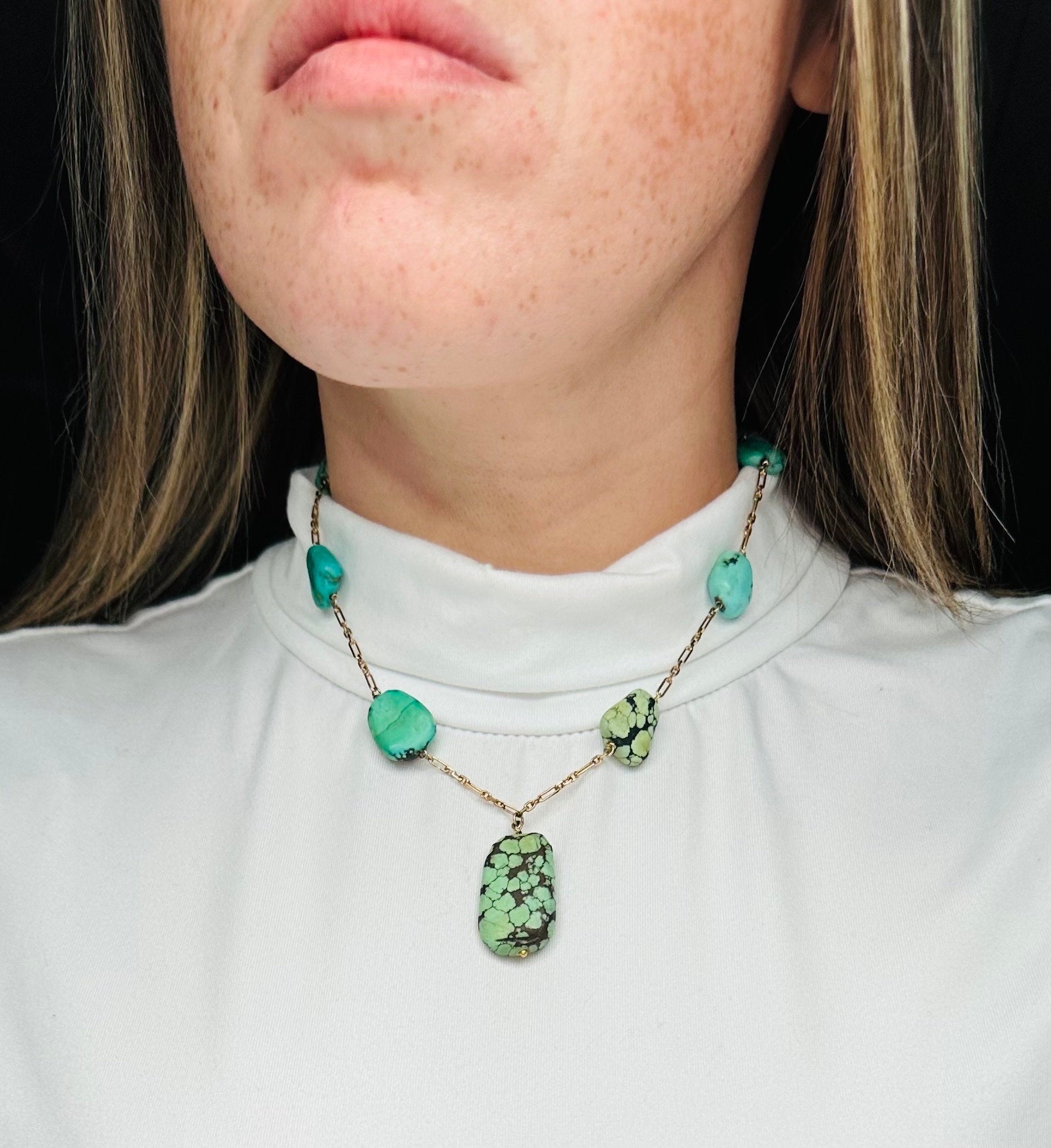 Antique Victorian 14k gold & turquoise bead drop necklace, 16"