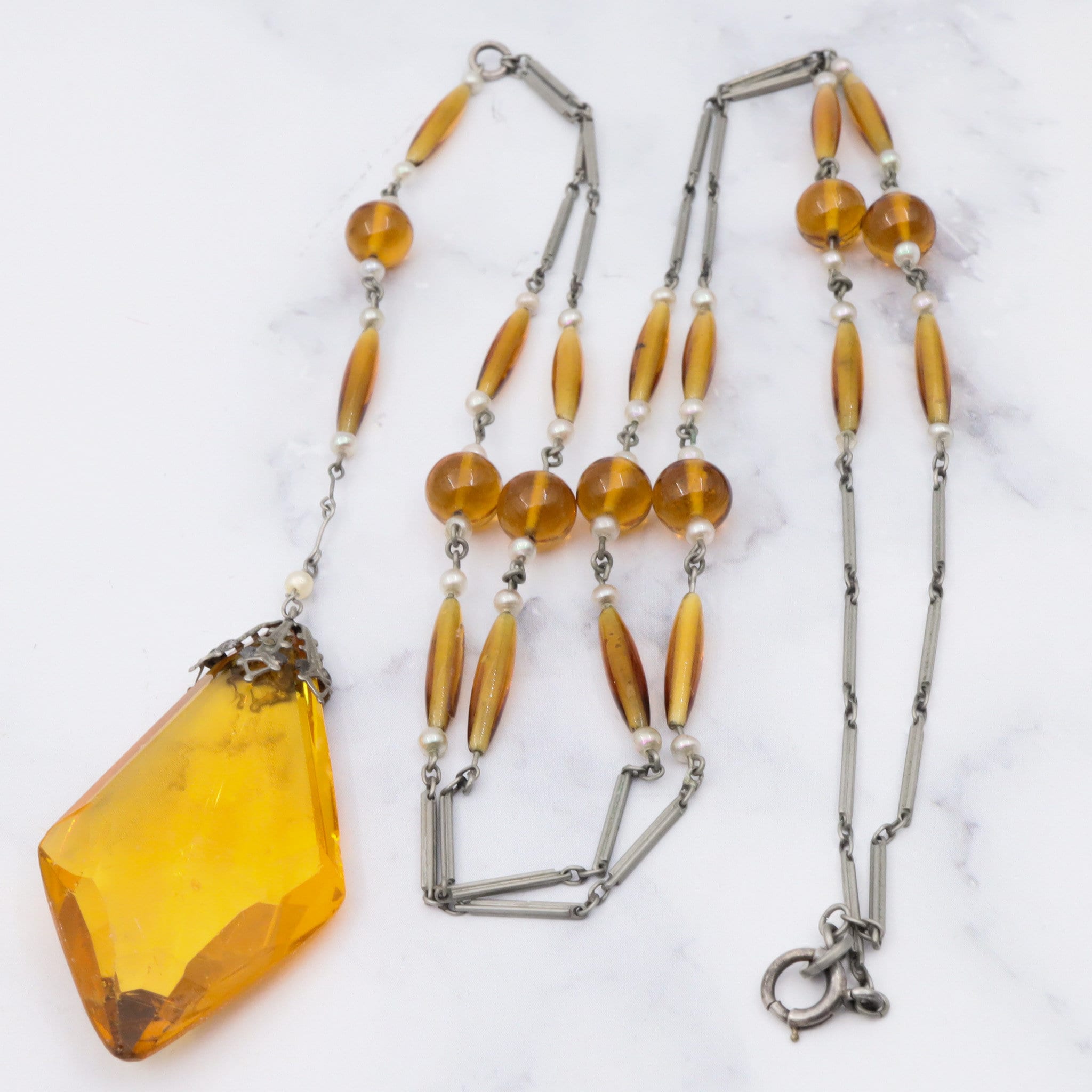 Antique German art deco sterling, amber glass & pearl necklace, 29"