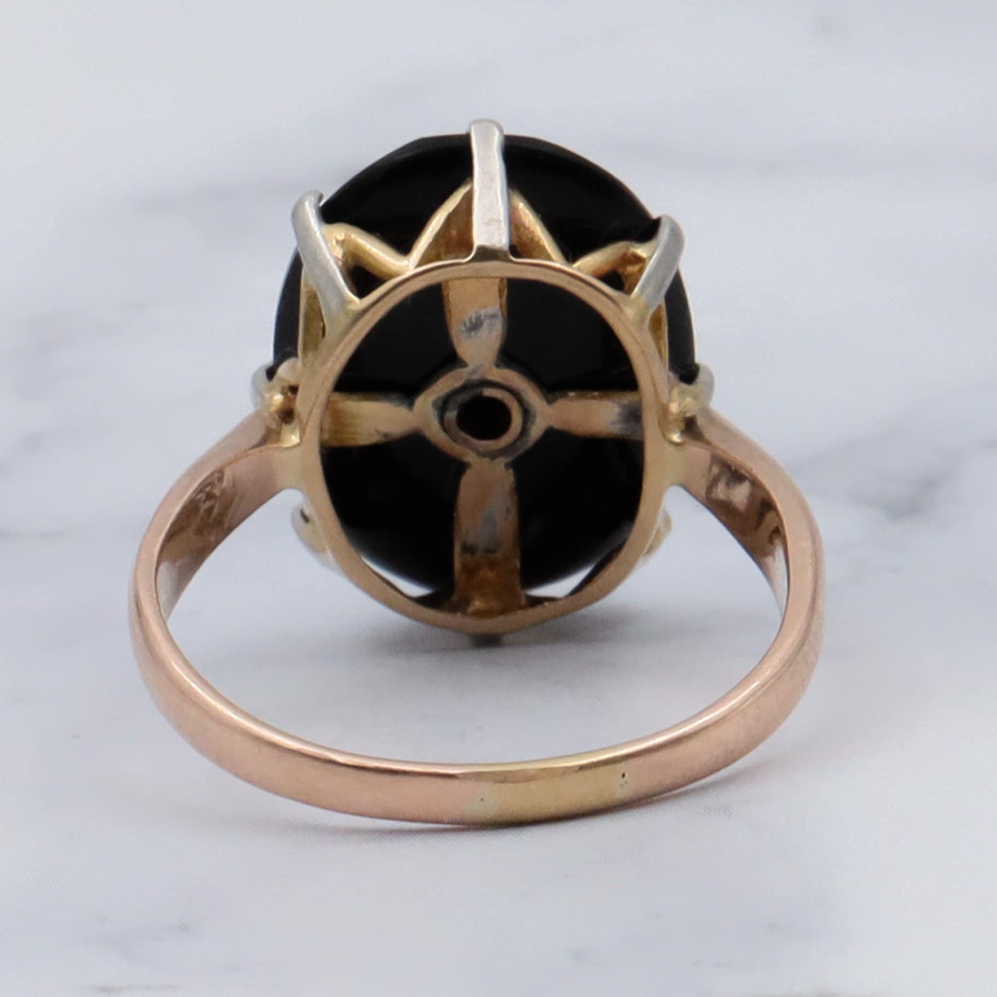 Antique Victorian 18k gold faceted onyx with old European cut diamond center with platinum tip ring, sz 6