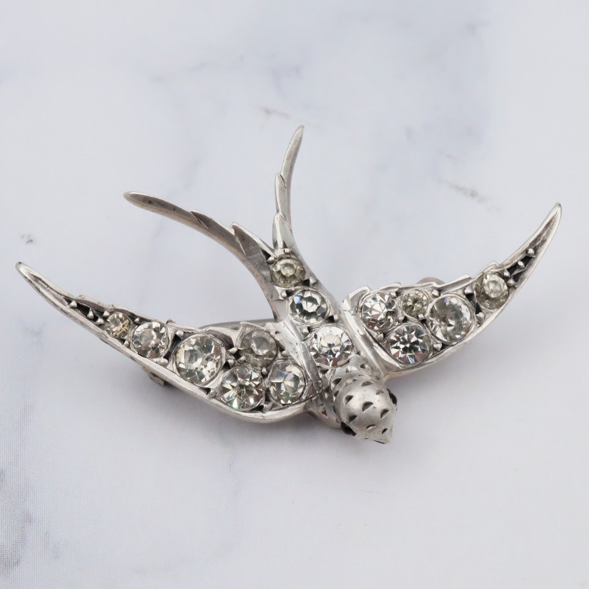 Antique Victorian .900 European handmade silver & paste gems swallow bird pin with ruby glass eyes