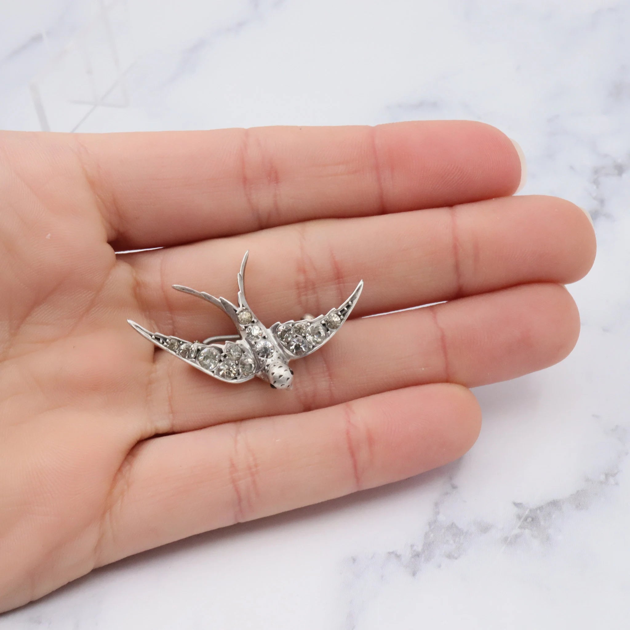 Antique Victorian .900 European handmade silver & paste gems swallow bird pin with ruby glass eyes