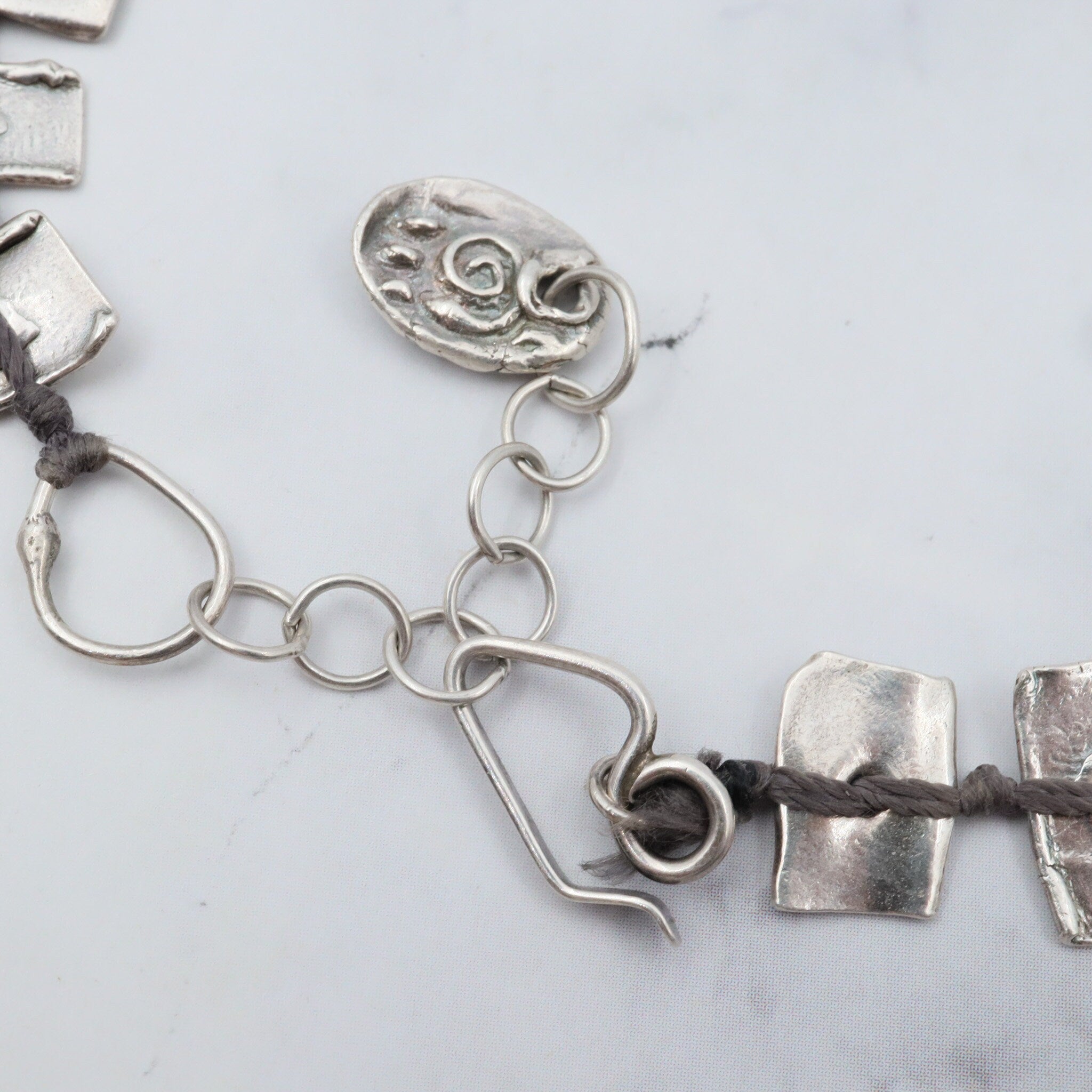 Vintage handmade KVK .999 fine silver on black thread panel bead necklace & bracelet set
