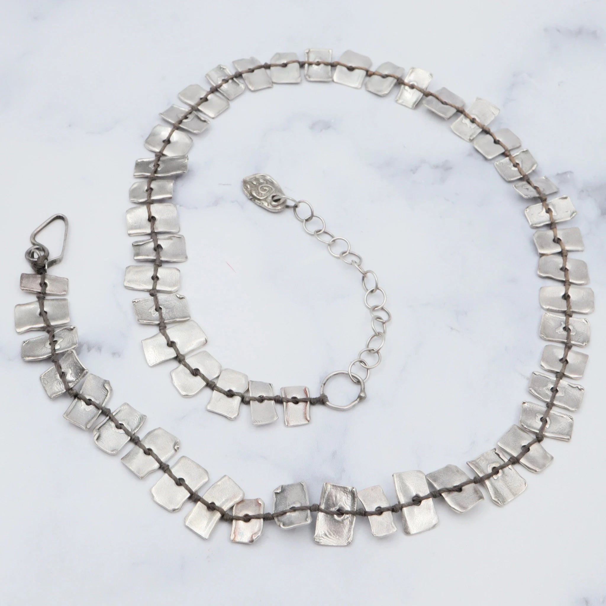 Vintage handmade KVK .999 fine silver on black thread panel bead necklace & bracelet set