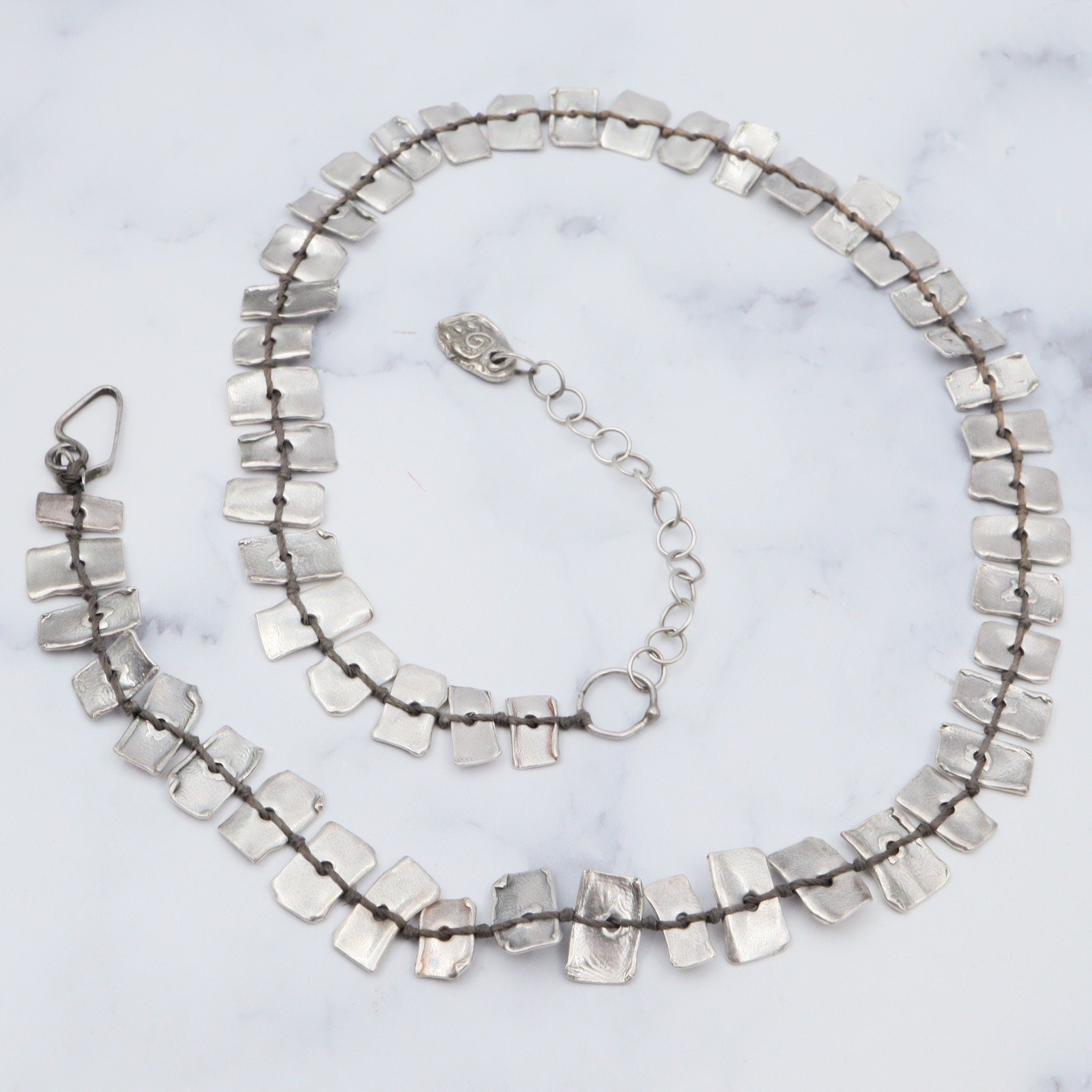 Vintage handmade KVK .999 fine silver on black thread panel bead necklace & bracelet set