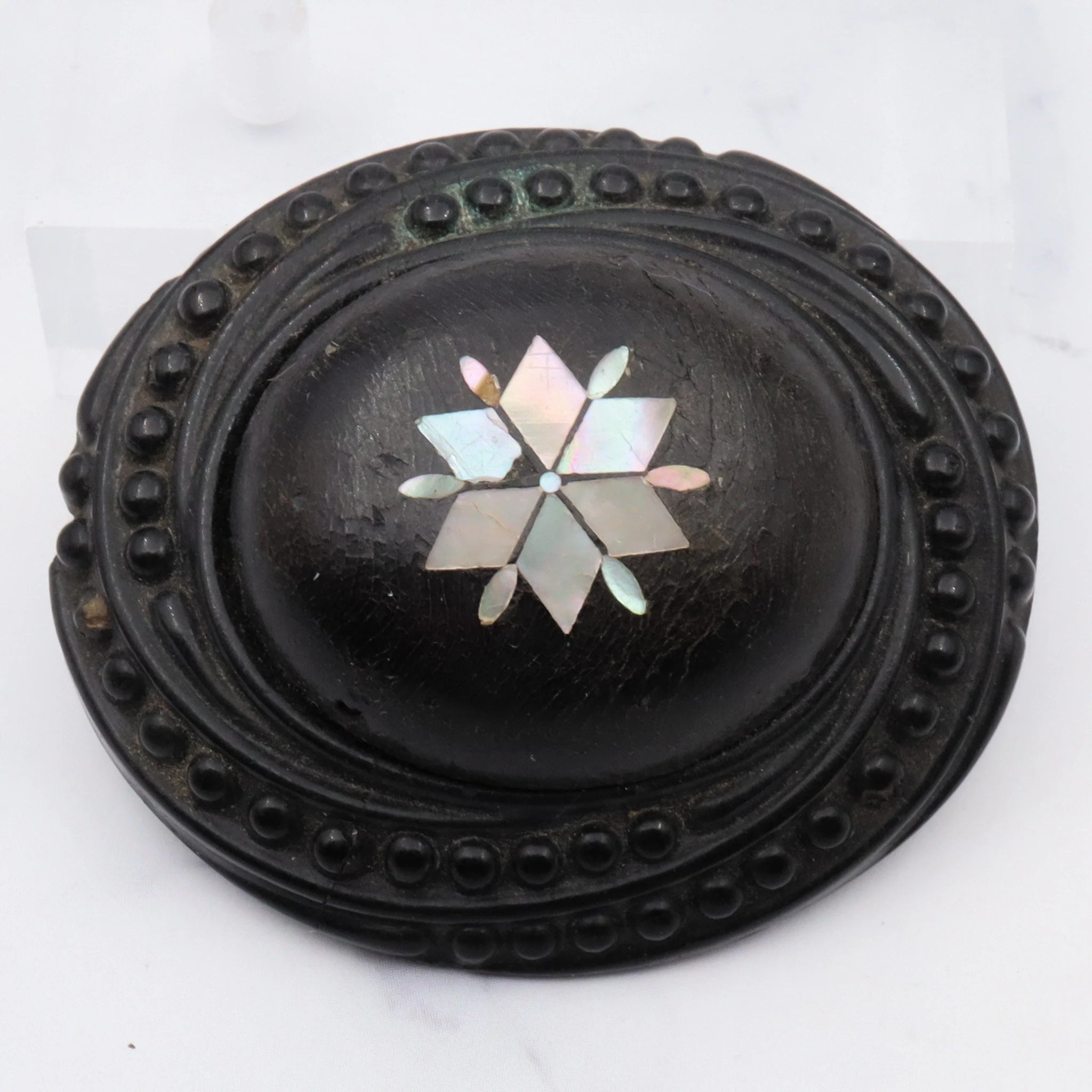 Antique Victorian vulcanite large mourning brooch with mother of pearl inlay