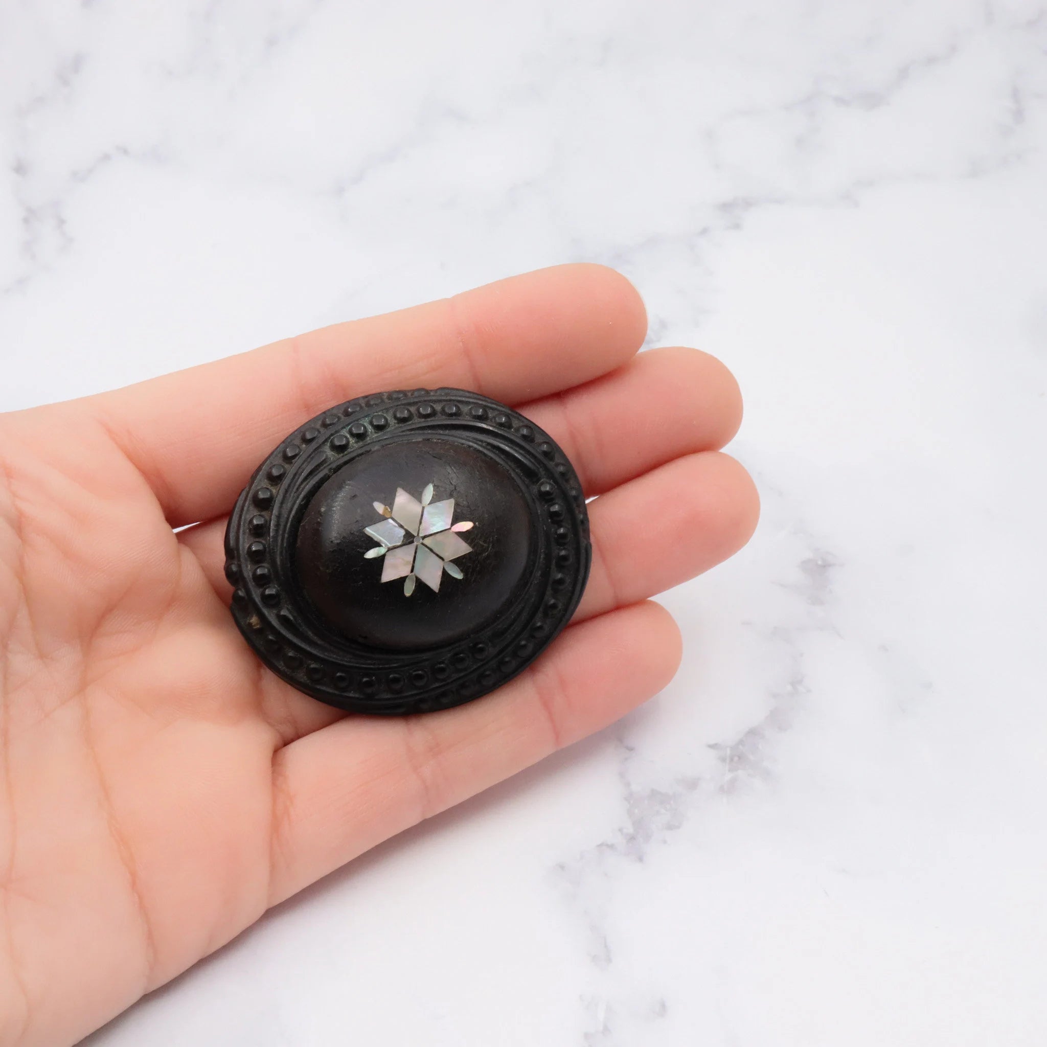 Antique Victorian vulcanite large mourning brooch with mother of pearl inlay