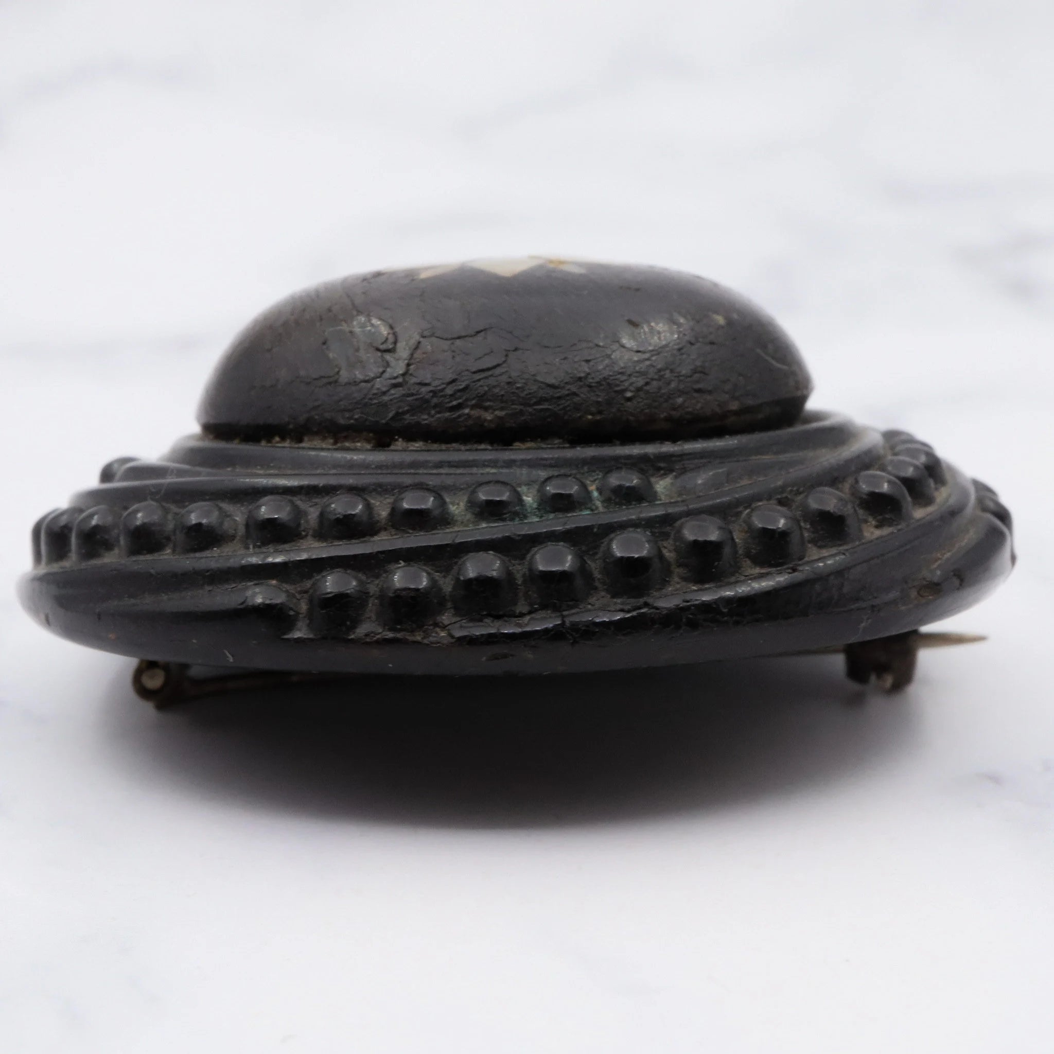 Antique Victorian vulcanite large mourning brooch with mother of pearl inlay