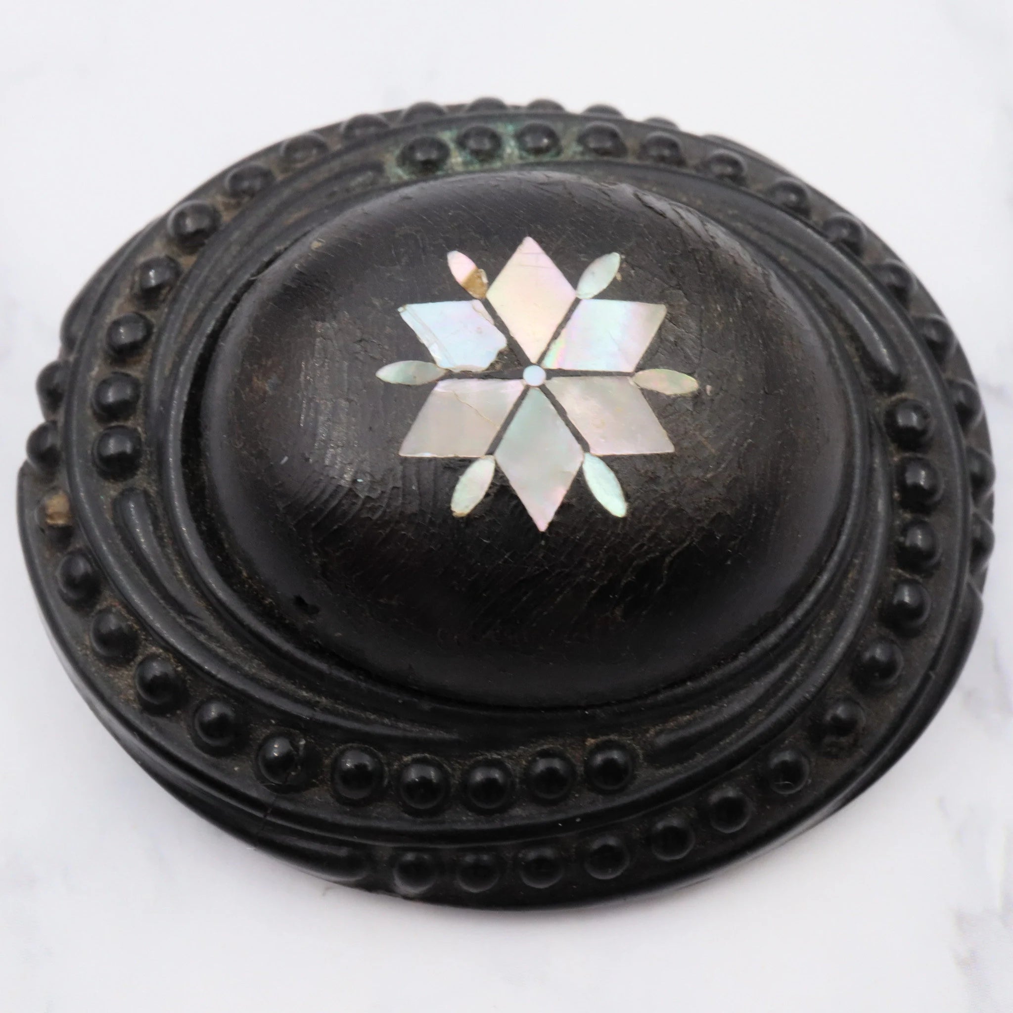 Antique Victorian vulcanite large mourning brooch with mother of pearl inlay