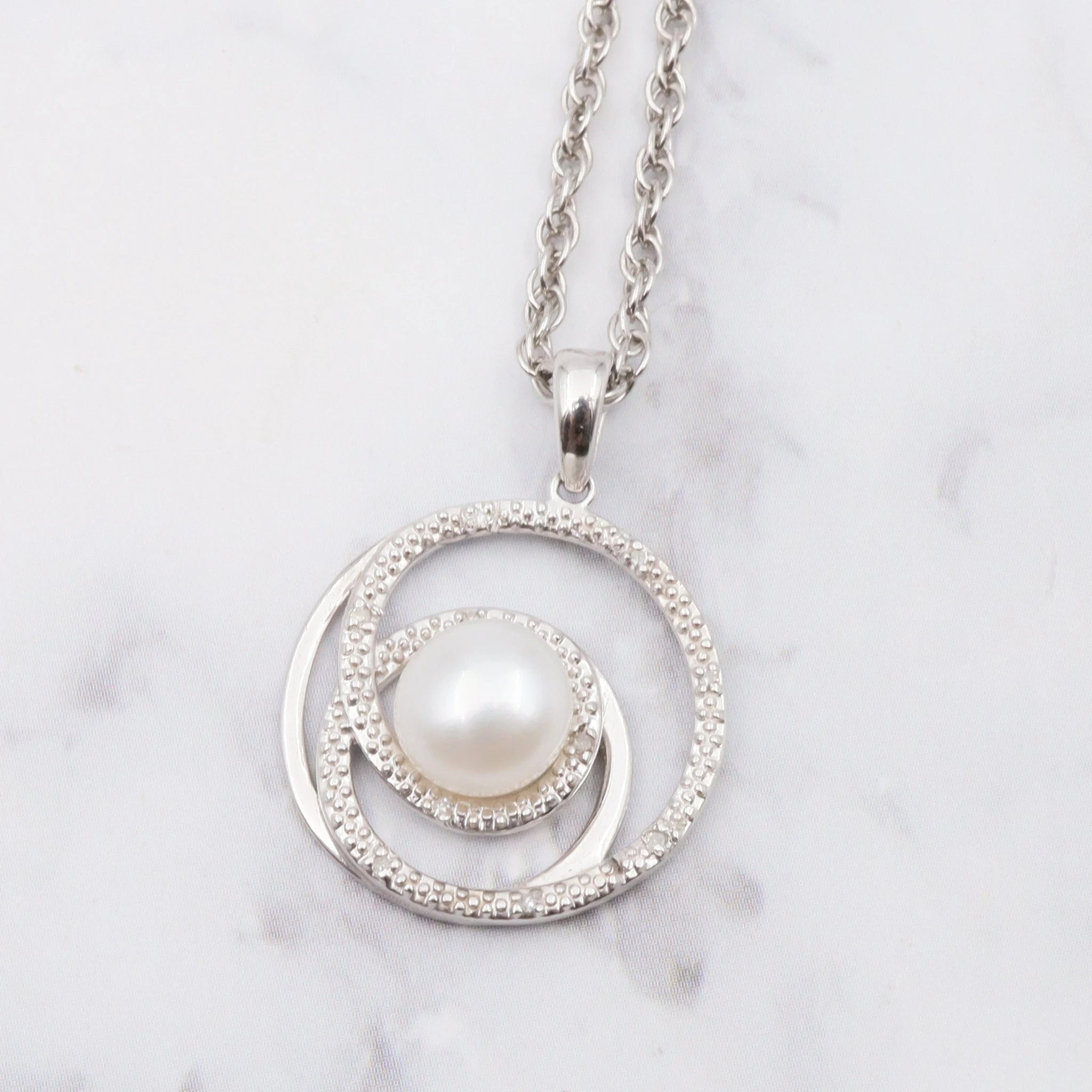 Vintage sterling pearl & diamond pendant on a sterling prince of whales chain, 20