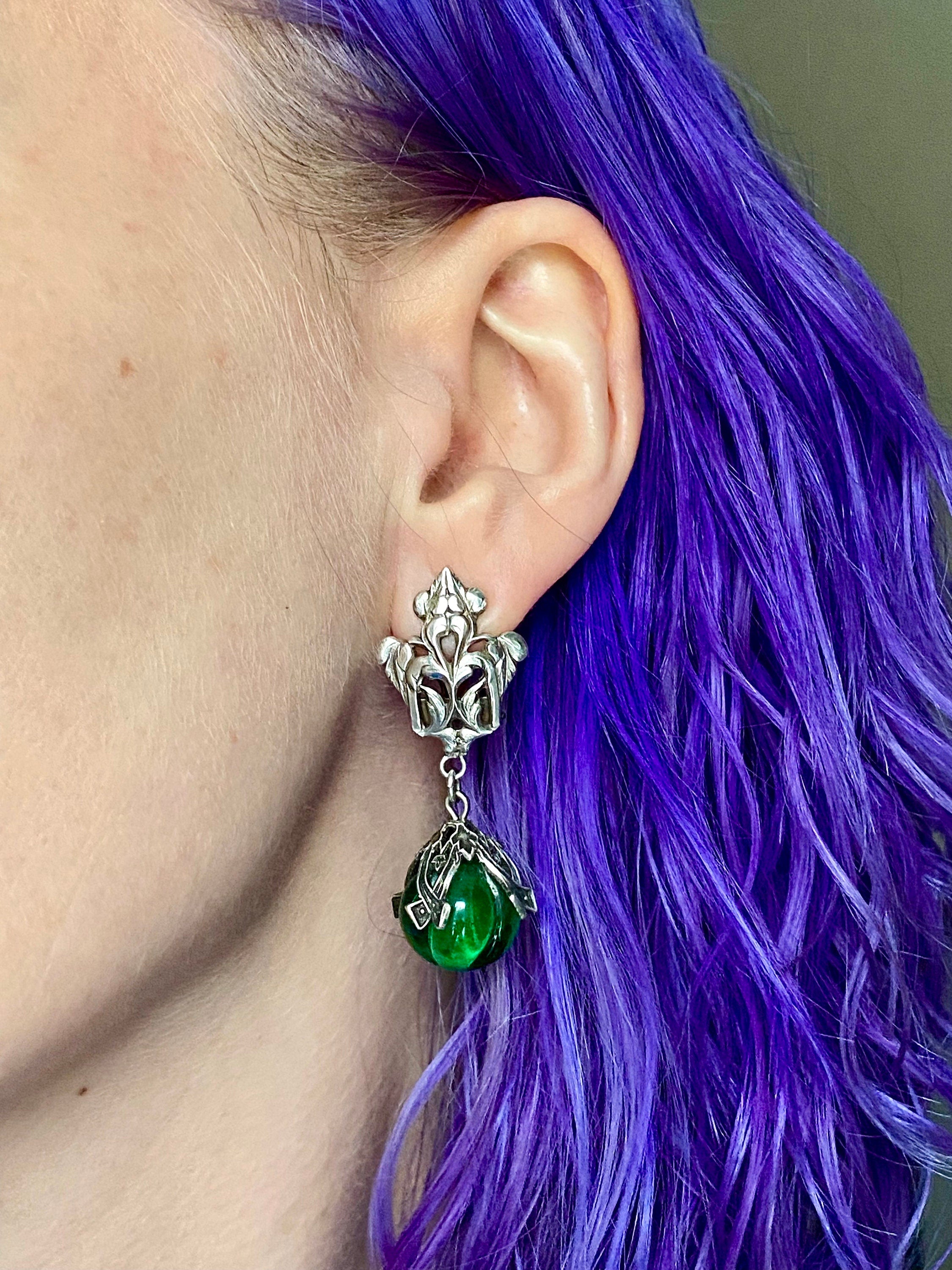 Antique Victorian Renaissance Revival silver plated carved green glass drop bead earrings