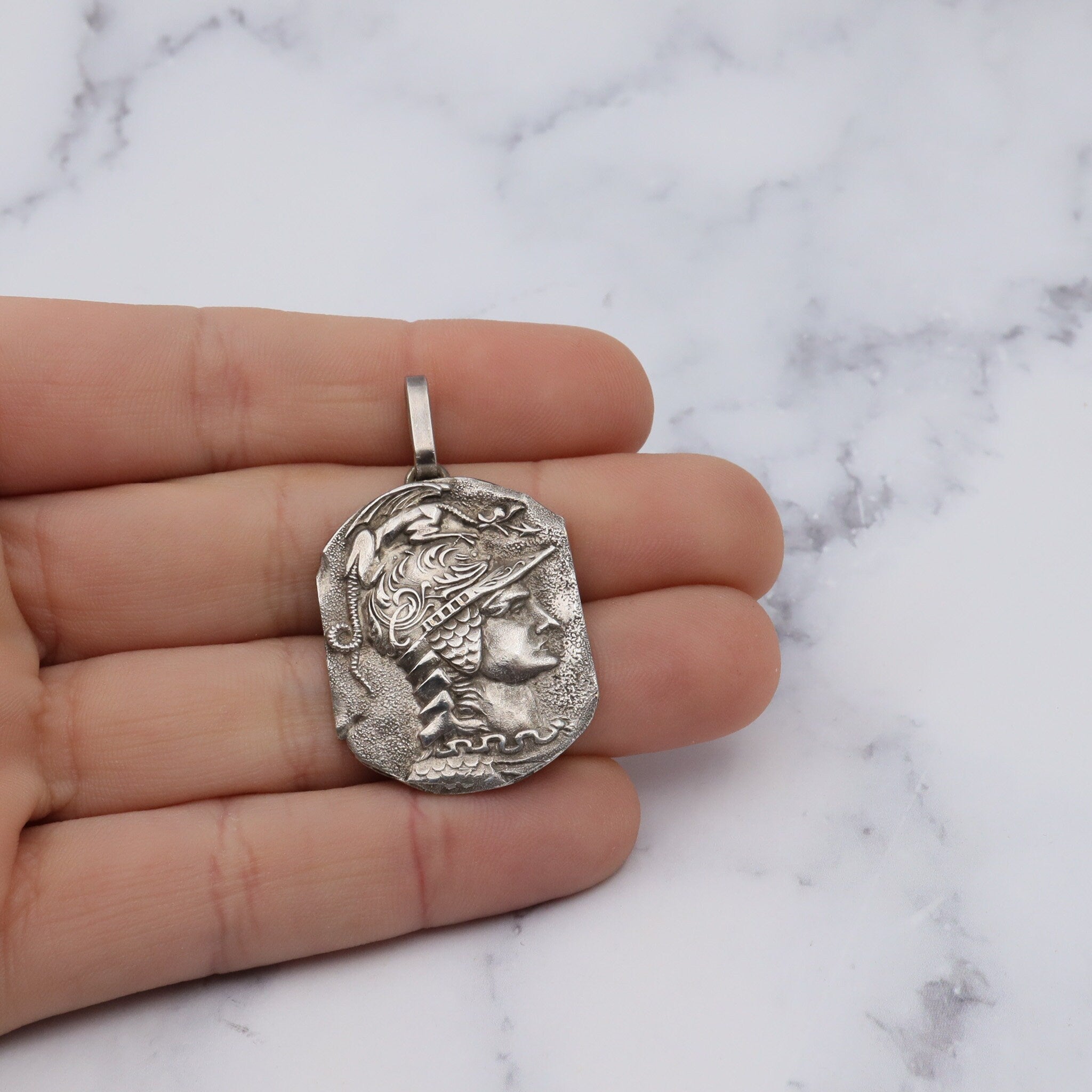Antique Hellenistic silver plated plaque of Athena pendant