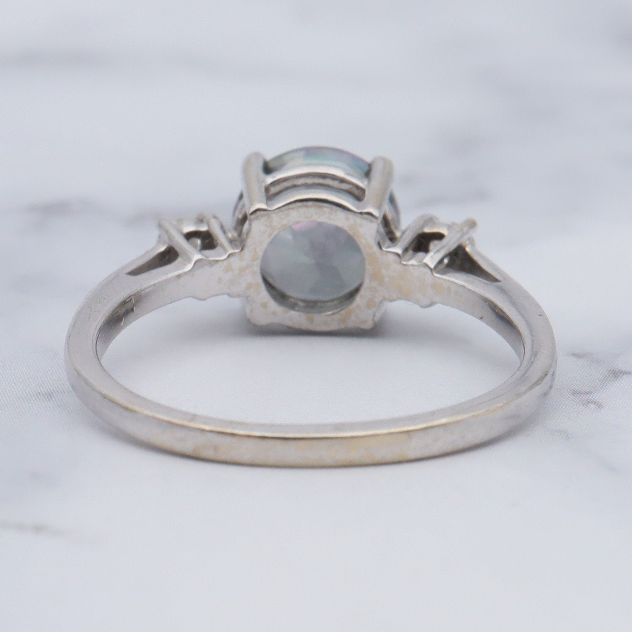 Vintage 14k white gold, mystic topaz & diamond ring, sz 7.75