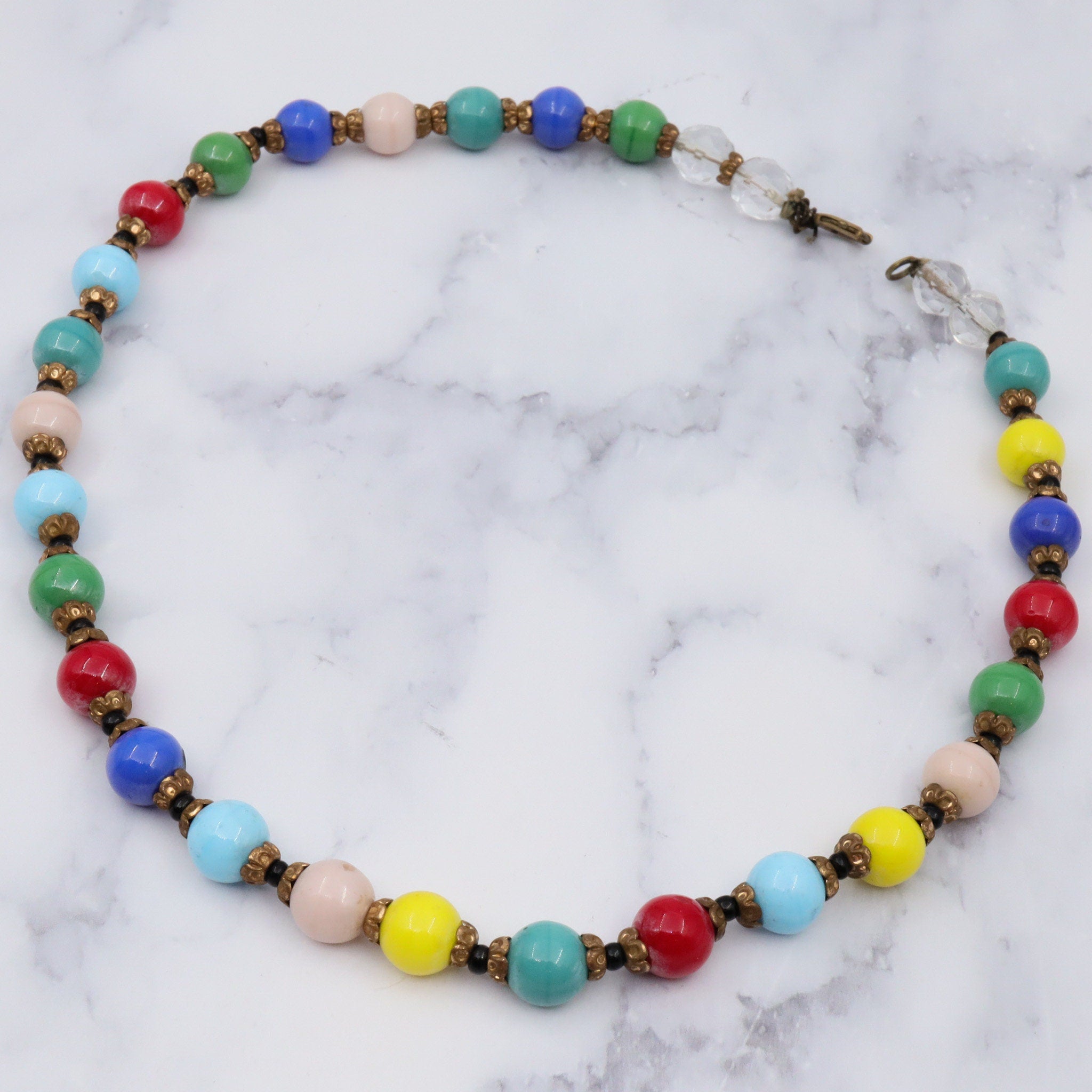 Antique rainbow glass beaded necklace with brass spacers, 16.5"