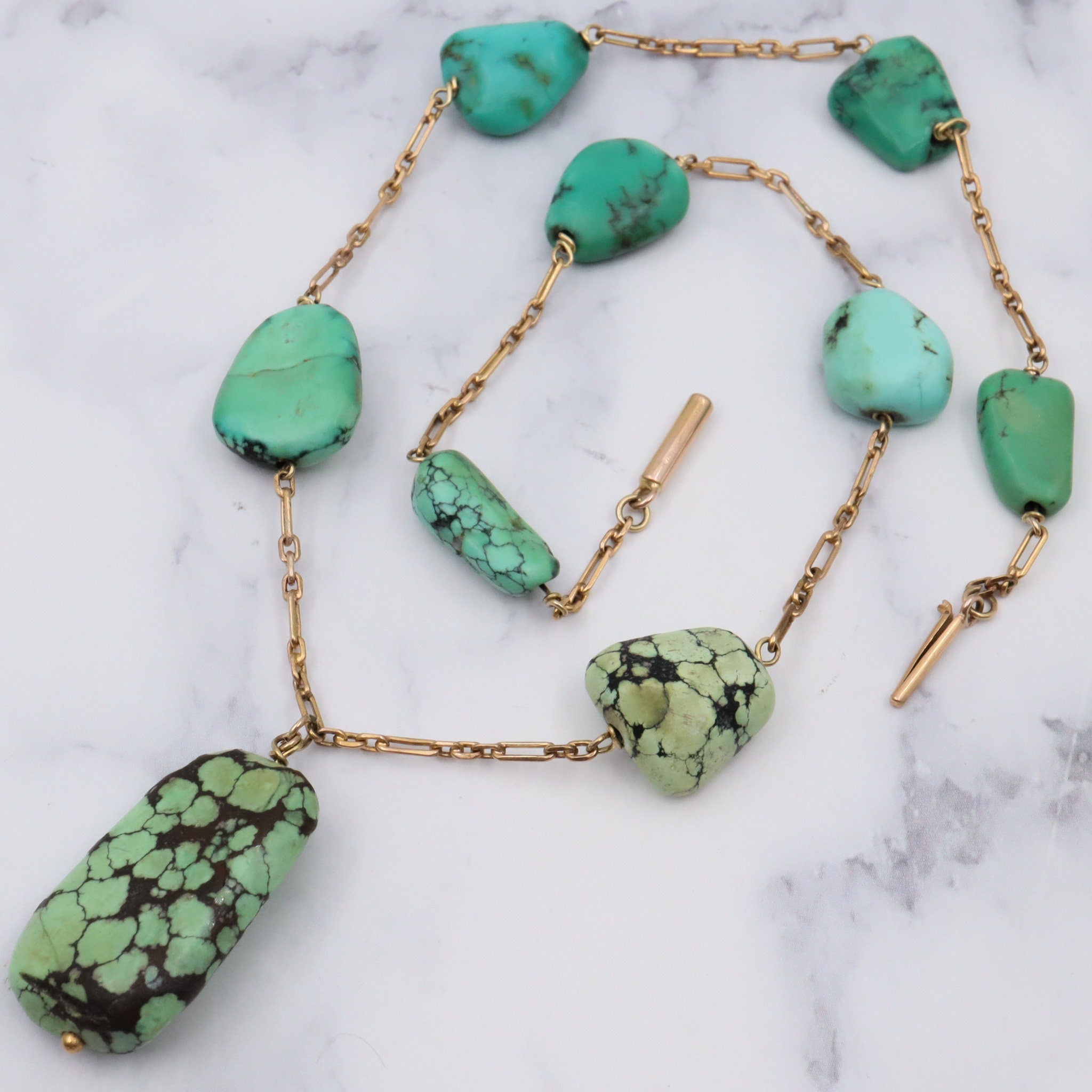 Antique Victorian 14k gold & turquoise bead drop necklace, 16"